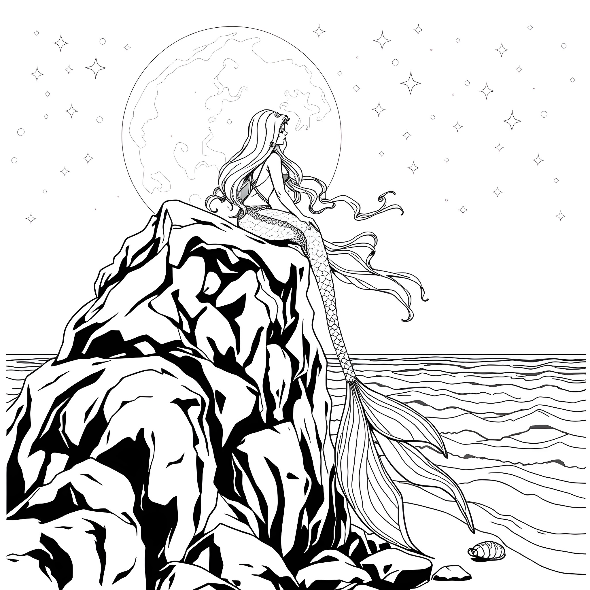 Mermaid gazing at the starry night sky Coloring Page (free black-and-white line drawing printable PDF for all, from beginners to advanced learners, including children, teens, adults, and seniors)