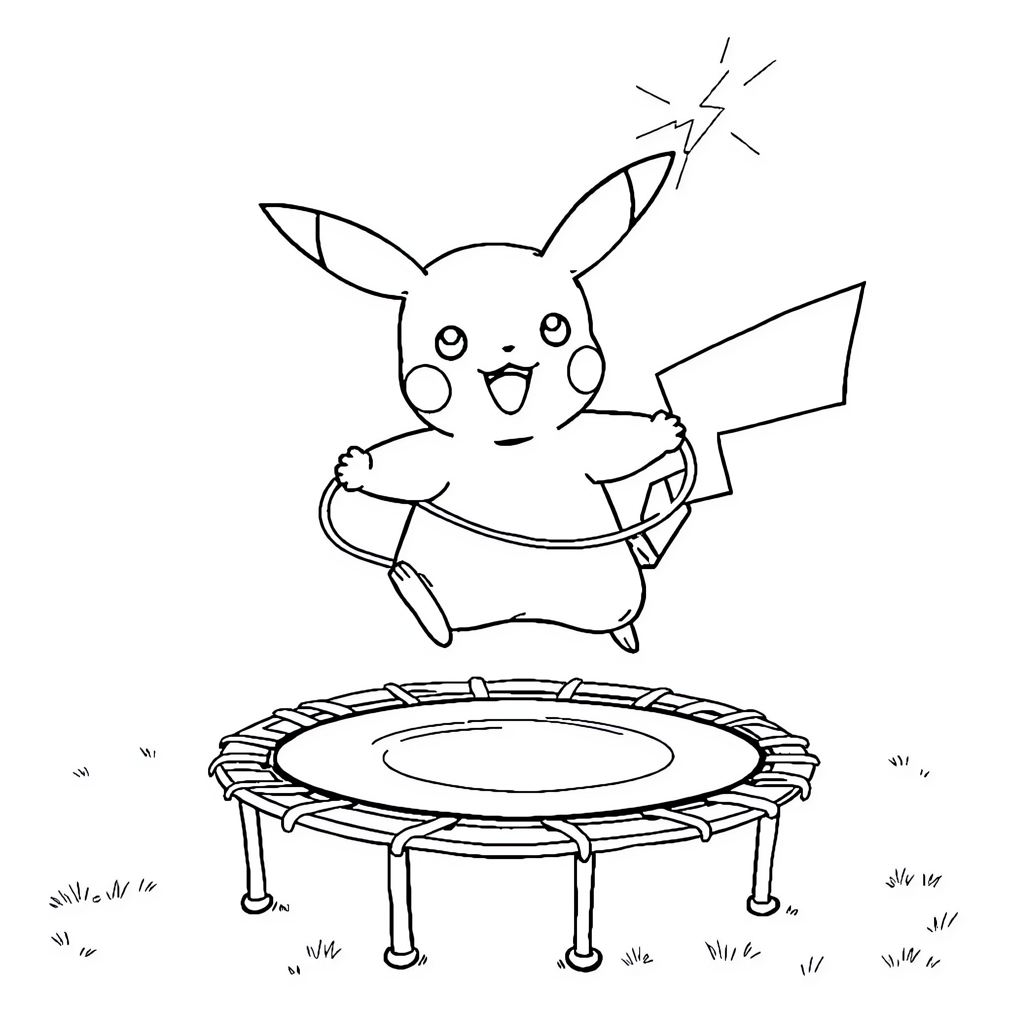 Pikachu bouncing happily on a trampoline Coloring Page (free black-and-white line drawing printable PDF for all, from beginners to advanced learners, including children, teens, adults, and seniors)