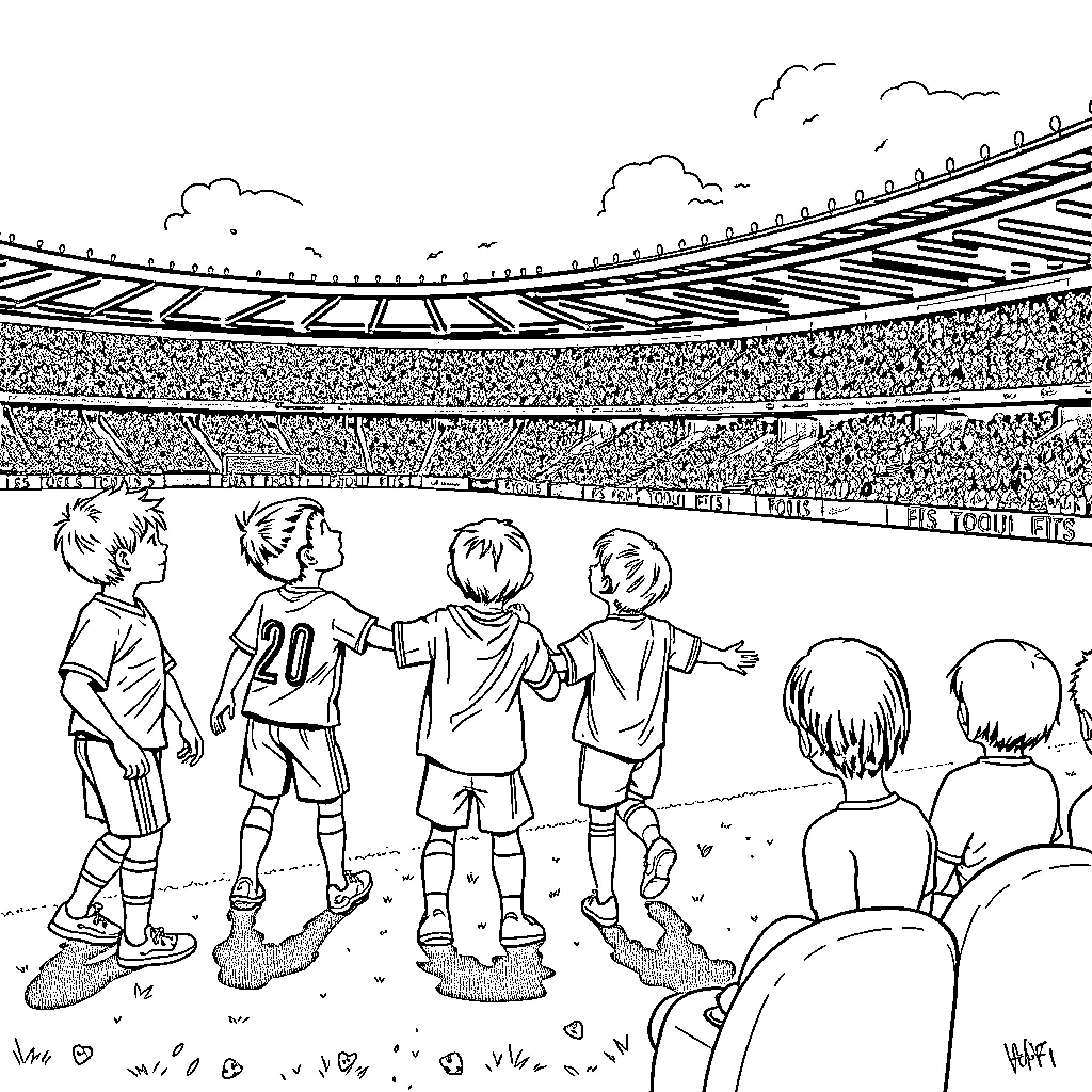 Enfant football players enjoying game on field Coloring Page (free black-and-white line drawing printable PDF for all, from beginners to advanced learners, including children, teens, adults, and seniors)