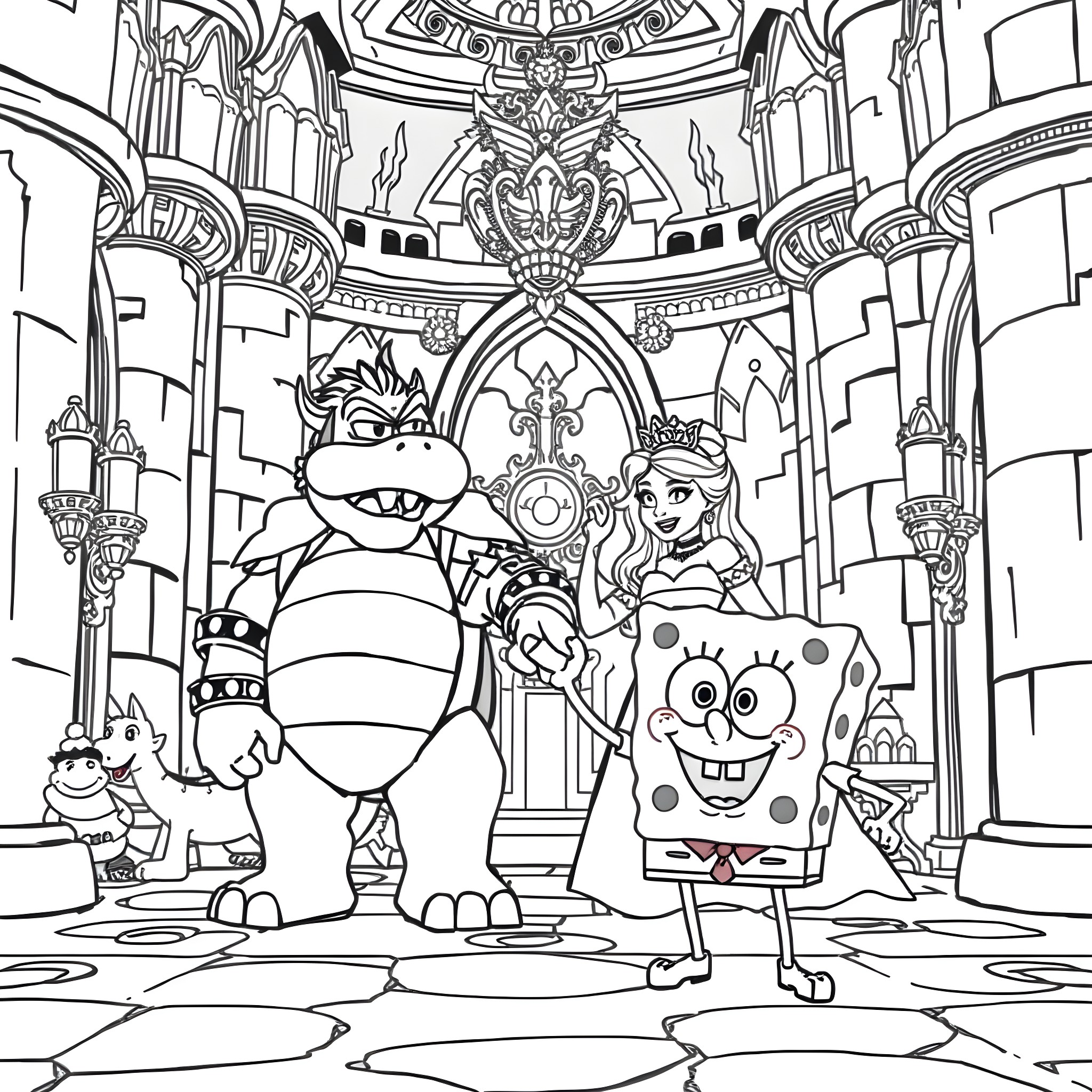 Bowser and SpongeBob in a Fantastical Palace Coloring Page (free black-and-white line drawing printable PDF for all, from beginners to advanced learners, including children, teens, adults, and seniors)