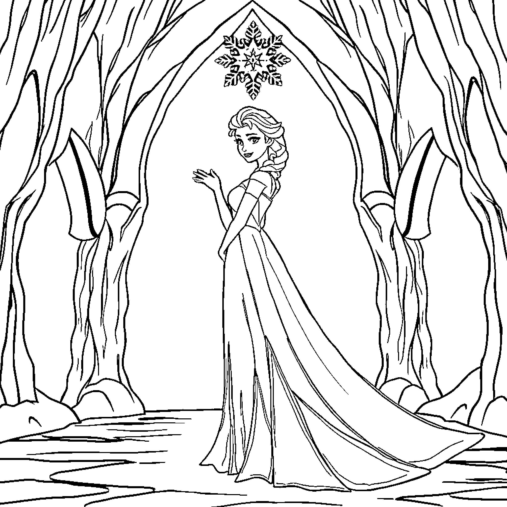 Elsa in a serene winter wonderland Coloring Page (free black-and-white line drawing printable PDF for all, from beginners to advanced learners, including children, teens, adults, and seniors)