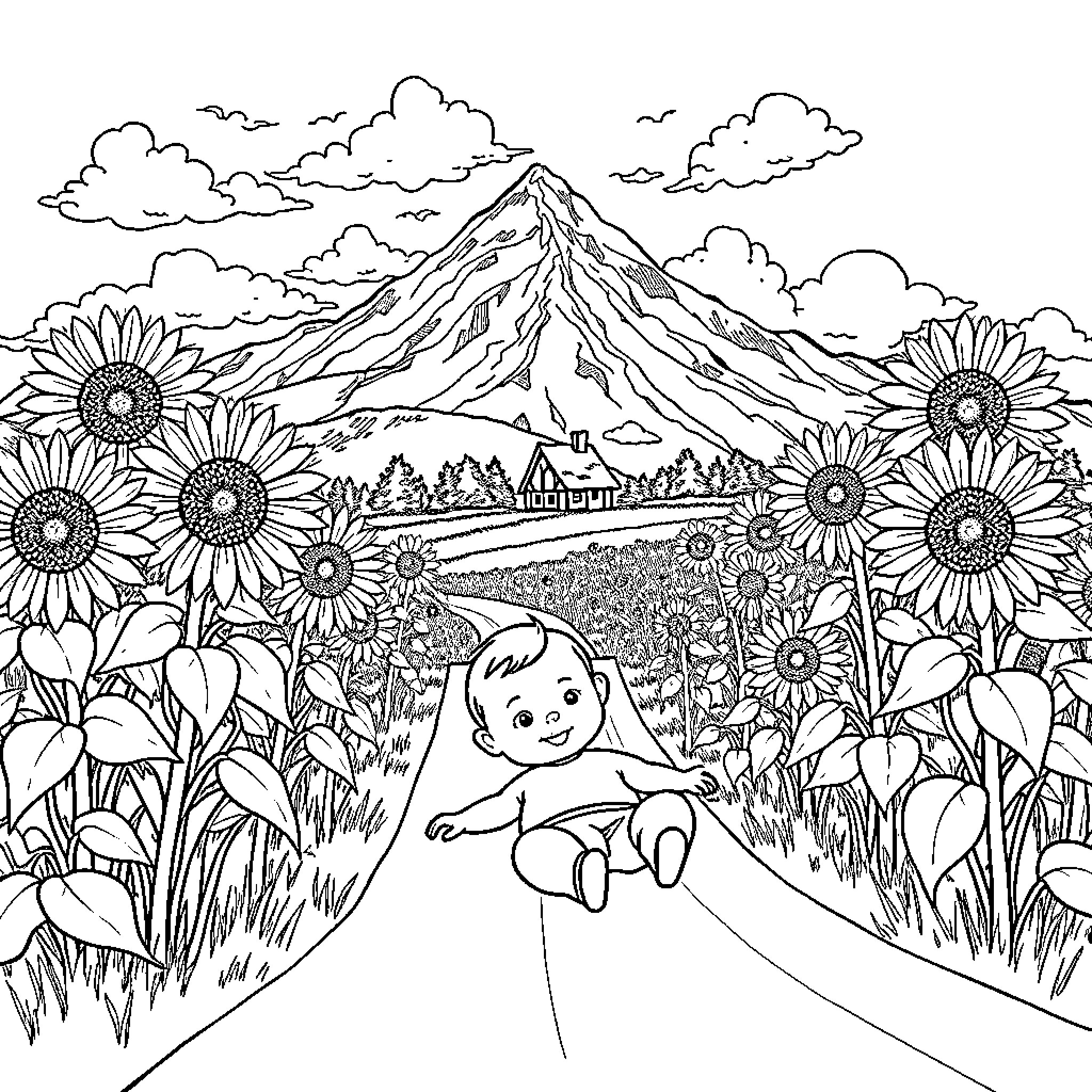 Baby playing happily in a mountain meadow Coloring Page (free black-and-white line drawing printable PDF for all, from beginners to advanced learners, including children, teens, adults, and seniors)