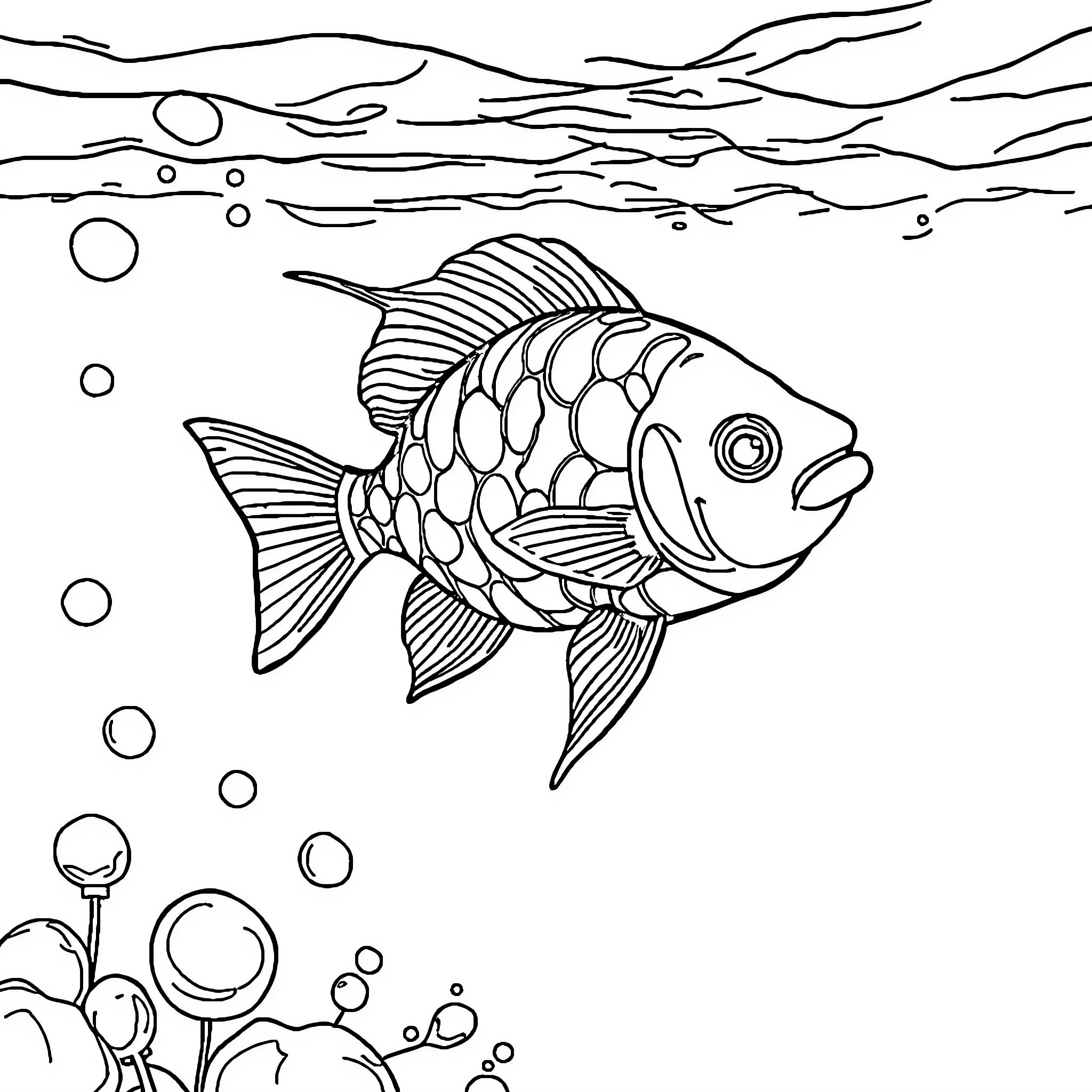 Fish swimming gracefully through the underwater scene Coloring Page (free black-and-white line drawing printable PDF for all, from beginners to advanced learners, including children, teens, adults, and seniors)