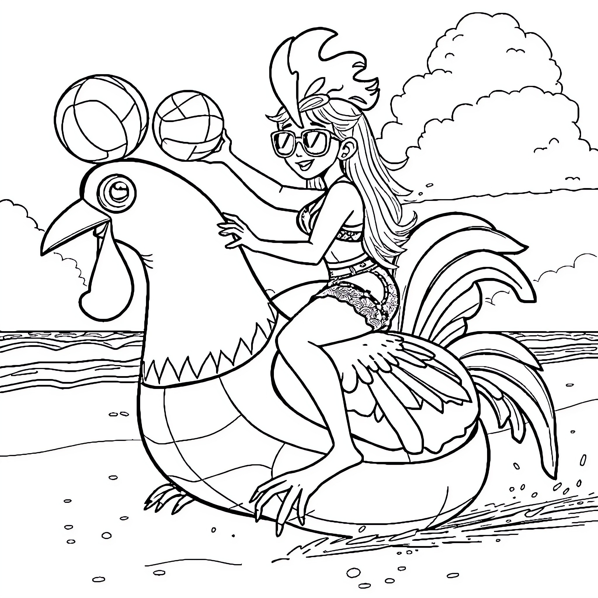Tila Tequila riding a colorful rooster on the beach Coloring Page (free black-and-white line drawing printable PDF for all, from beginners to advanced learners, including children, teens, adults, and seniors)
