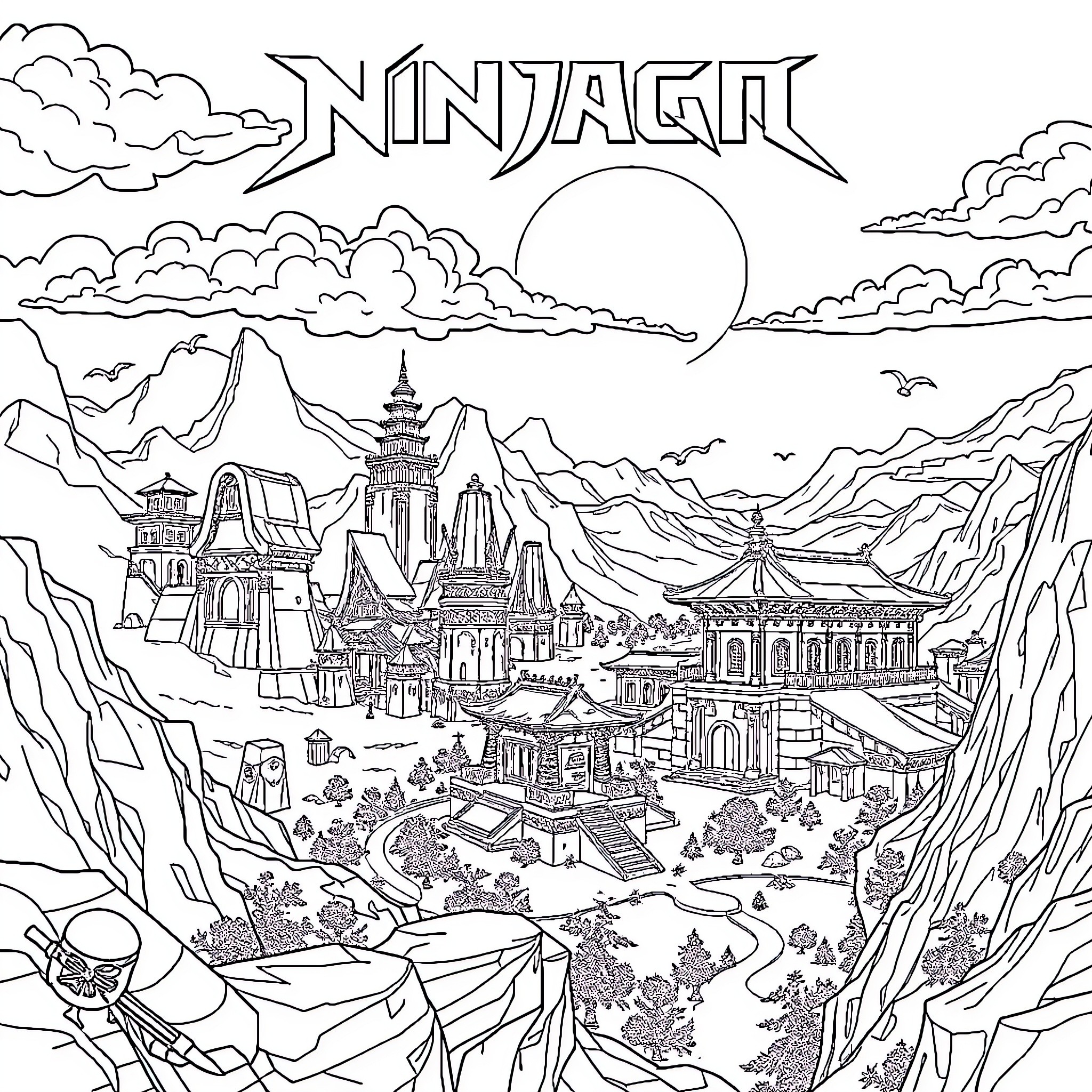 Ninjago: Mystical Ninja World and Mountainous Landscape Coloring Page (free black-and-white line drawing printable PDF for all, from beginners to advanced learners, including children, teens, adults, and seniors)