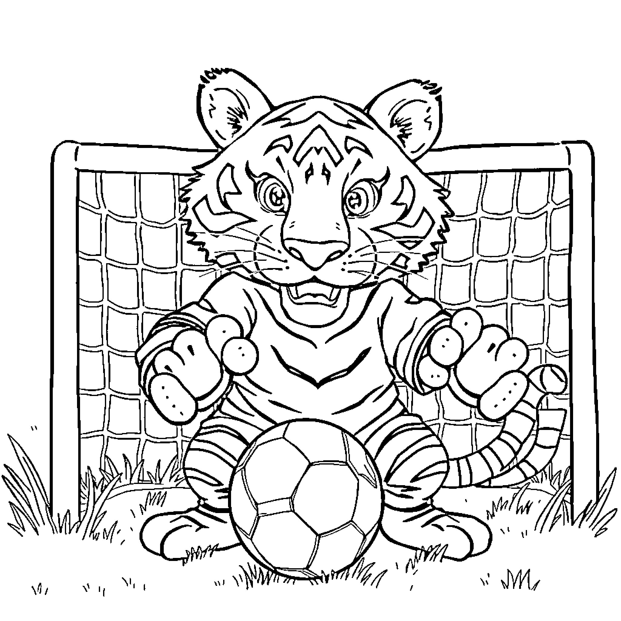Tiger playing soccer in the field Coloring Page (free black-and-white line drawing printable PDF for all, from beginners to advanced learners, including children, teens, adults, and seniors)