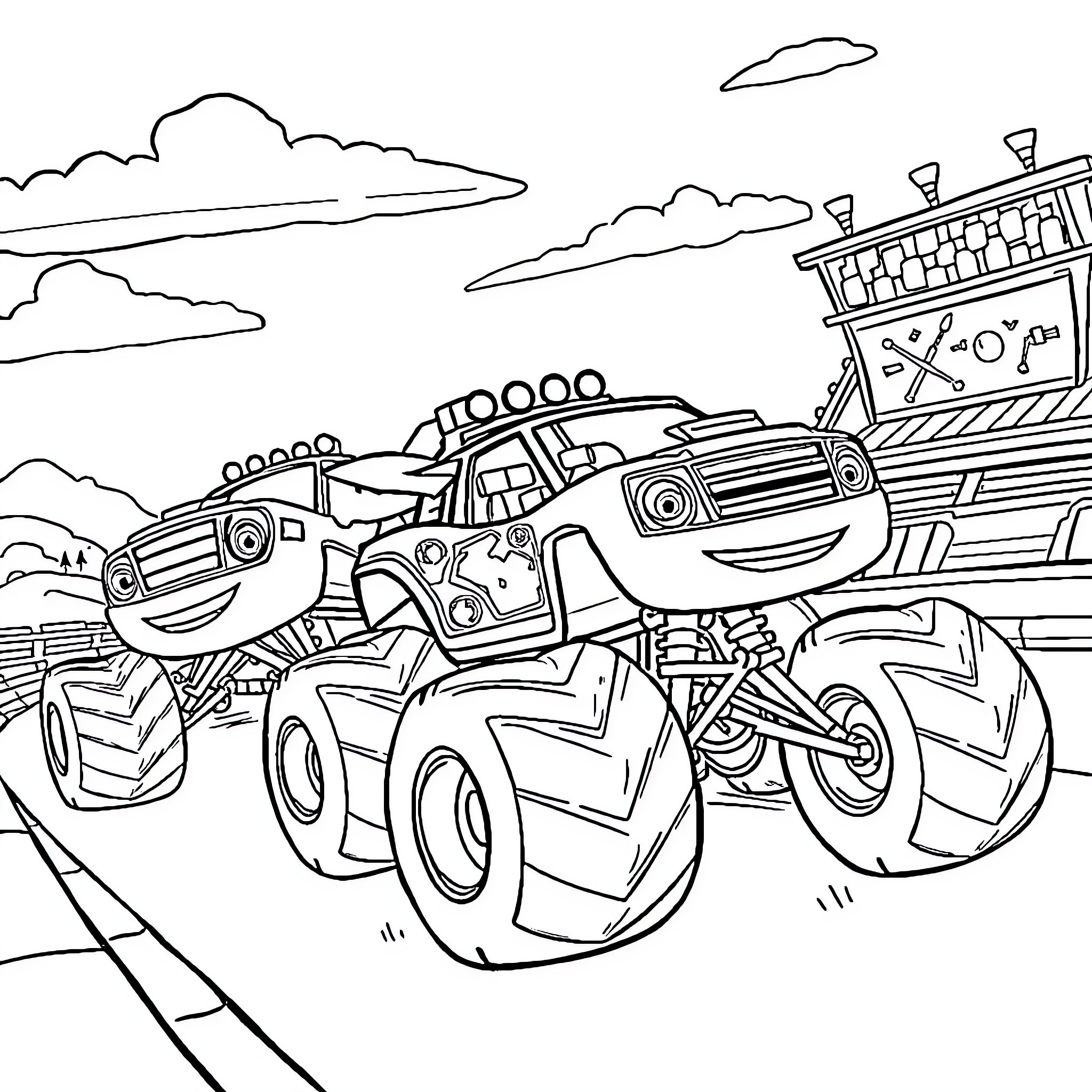 Blaze Racing Monster Trucks on the Track Coloring Page (free black-and-white line drawing printable PDF for all, from beginners to advanced learners, including children, teens, adults, and seniors)