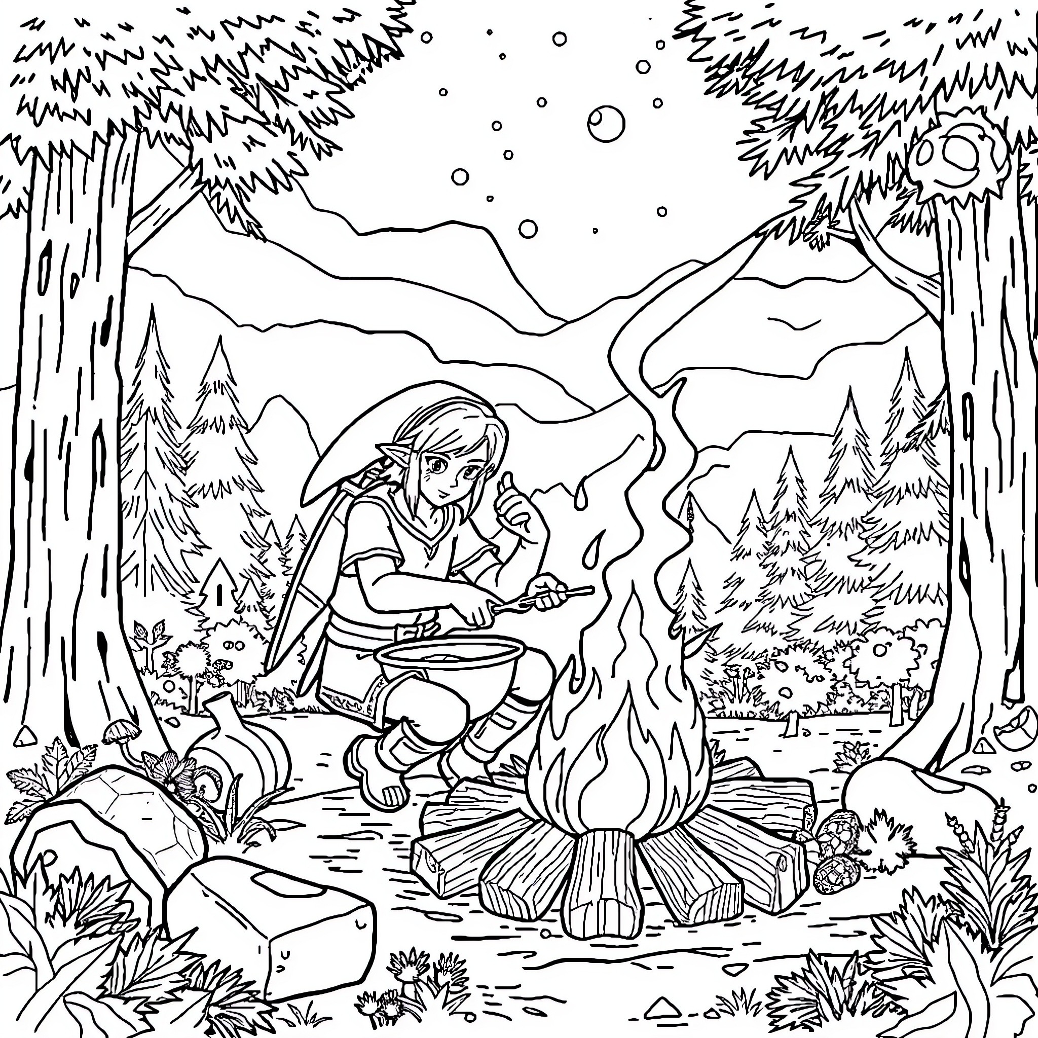 Link camping by the fire in the wilderness Coloring Page (free black-and-white line drawing printable PDF for all, from beginners to advanced learners, including children, teens, adults, and seniors)
