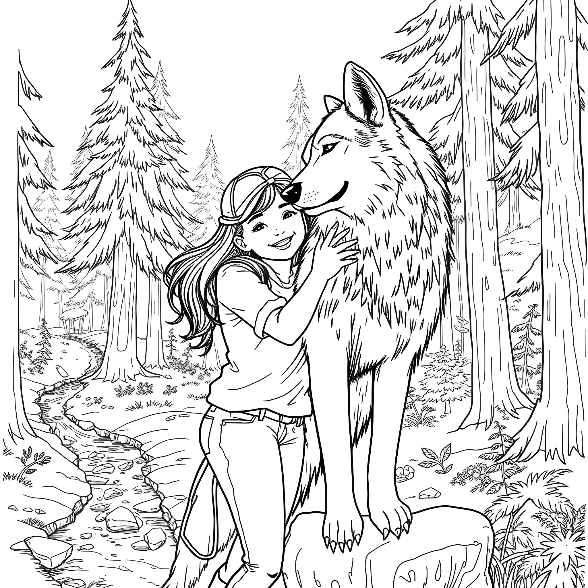 Teen Girl Embracing Majestic Wolf in Serene Forest Coloring Page (free black-and-white line drawing printable PDF for all, from beginners to advanced learners, including children, teens, adults, and seniors)