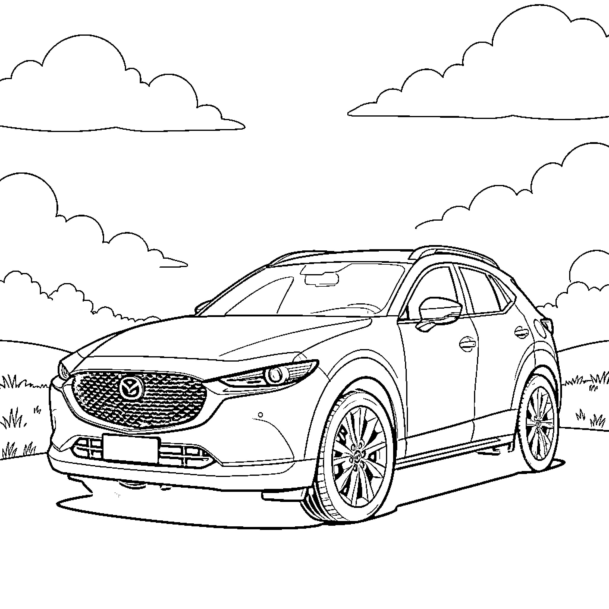 Mazda crossover SUV in a scenic landscape Coloring Page (free black-and-white line drawing printable PDF for all, from beginners to advanced learners, including children, teens, adults, and seniors)
