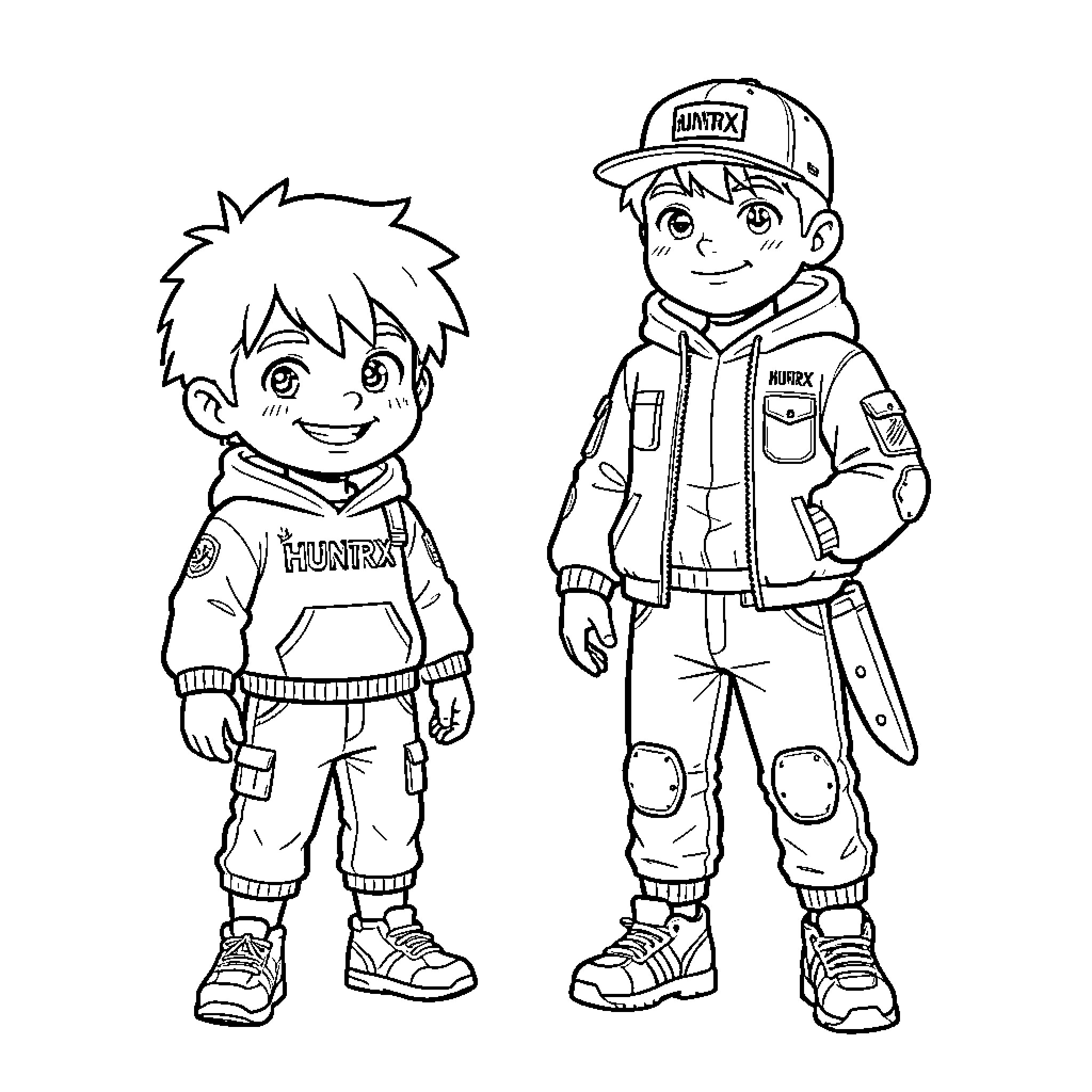 Saja Boy Hunting Adventure Coloring Page (free black-and-white line drawing printable PDF for all, from beginners to advanced learners, including children, teens, adults, and seniors)