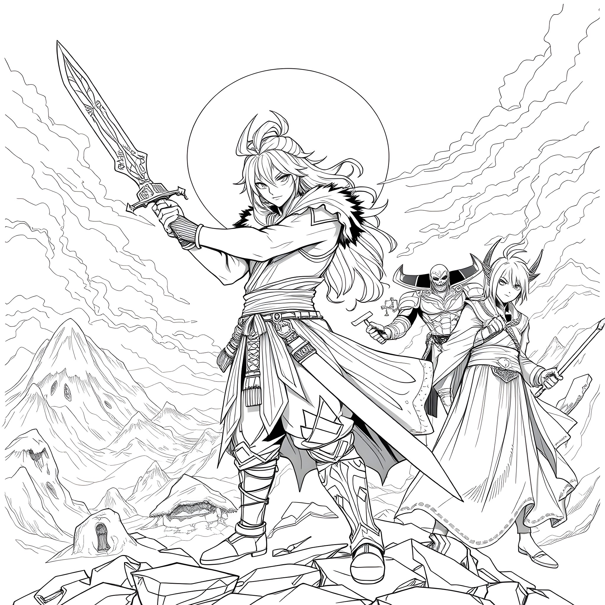 Anime Warrior's Heroic Stance in Dramatic Mountainscape Coloring Page (free black-and-white line drawing printable PDF for all, from beginners to advanced learners, including children, teens, adults, and seniors)