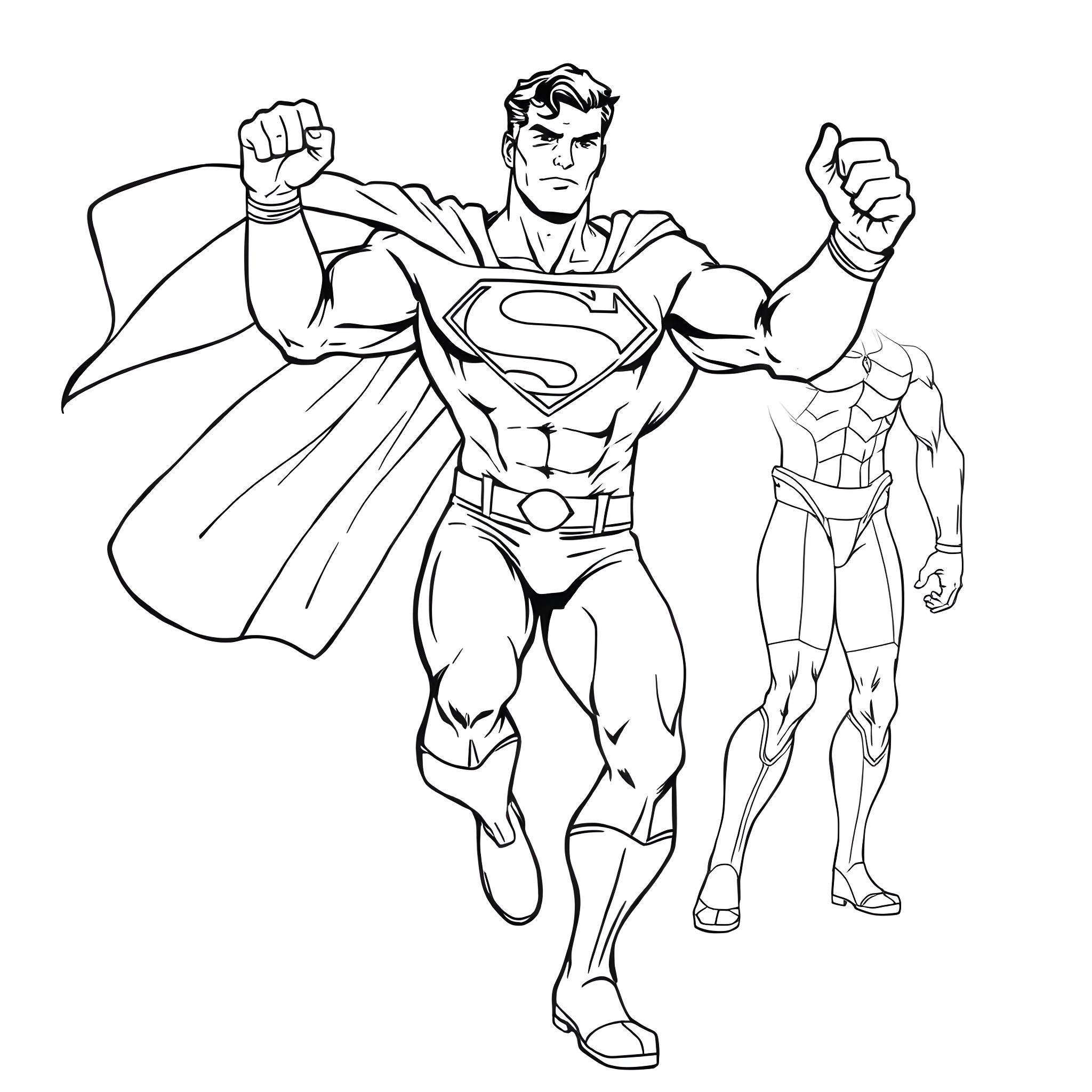 Superman Displays His Heroic Pose Coloring Page (free black-and-white line drawing printable PDF for all, from beginners to advanced learners, including children, teens, adults, and seniors)