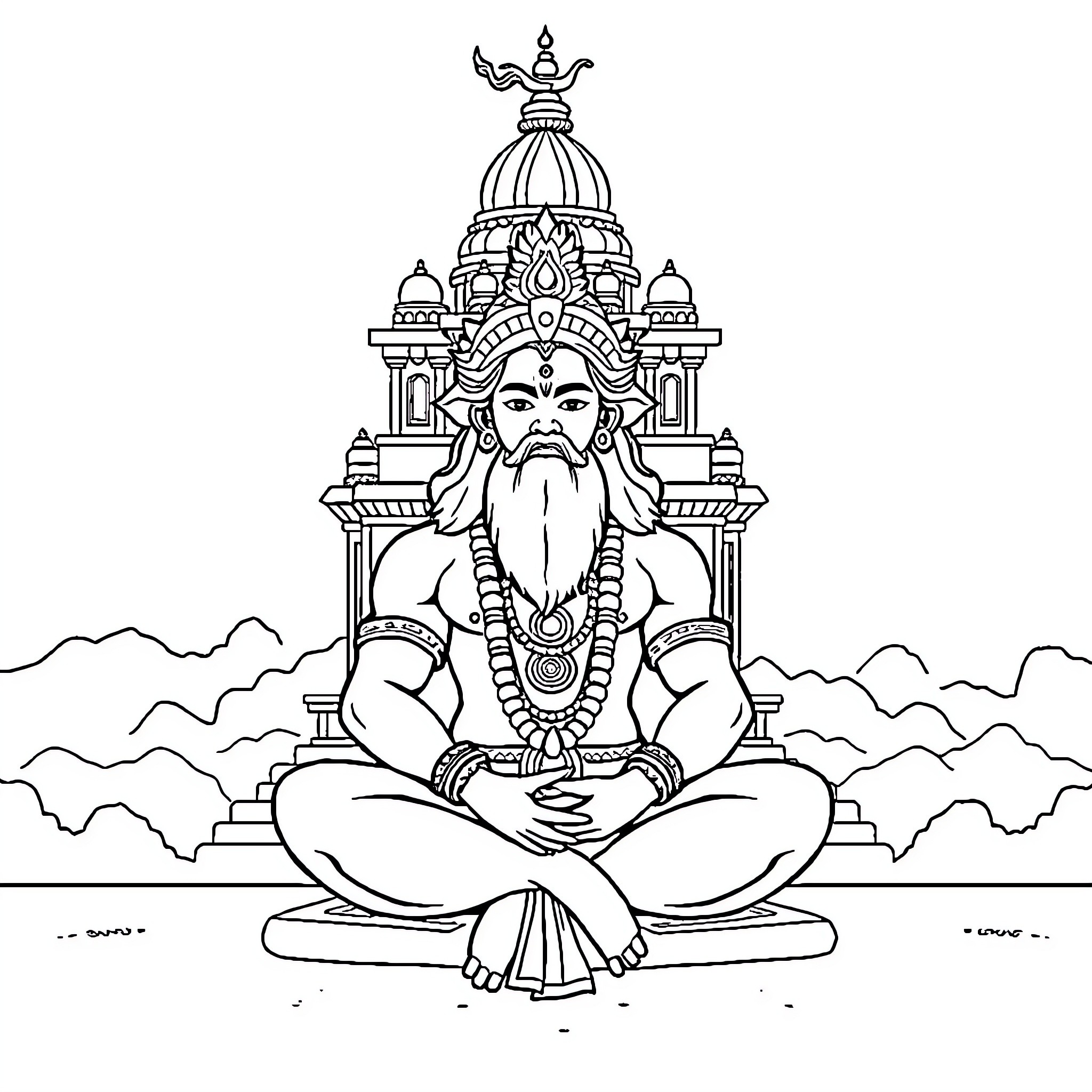 Hanuman meditating in a divine temple-like structure Coloring Page (free black-and-white line drawing printable PDF for all, from beginners to advanced learners, including children, teens, adults, and seniors)