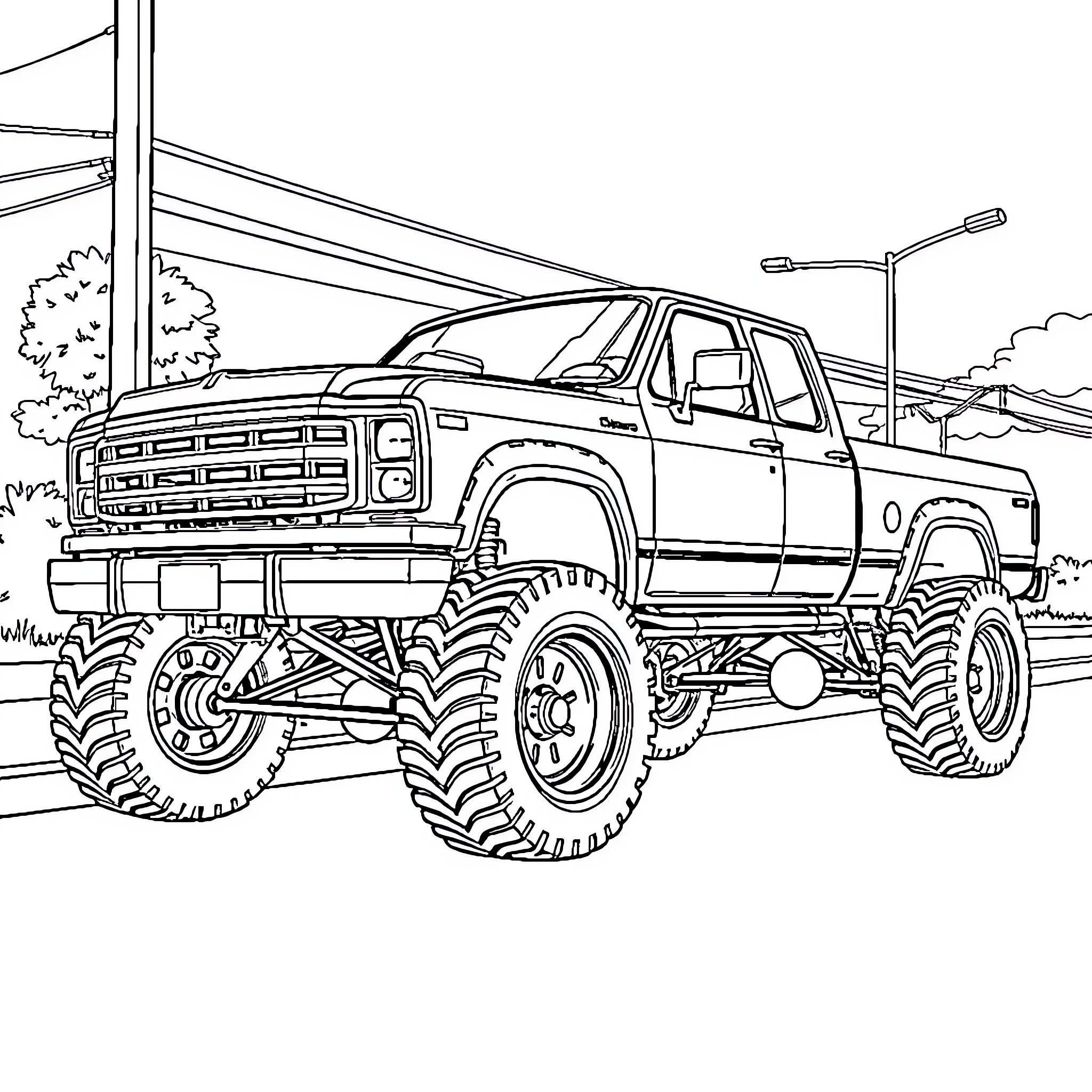 Truck with Monster Wheels on the Road Coloring Page (free black-and-white line drawing printable PDF for all, from beginners to advanced learners, including children, teens, adults, and seniors)