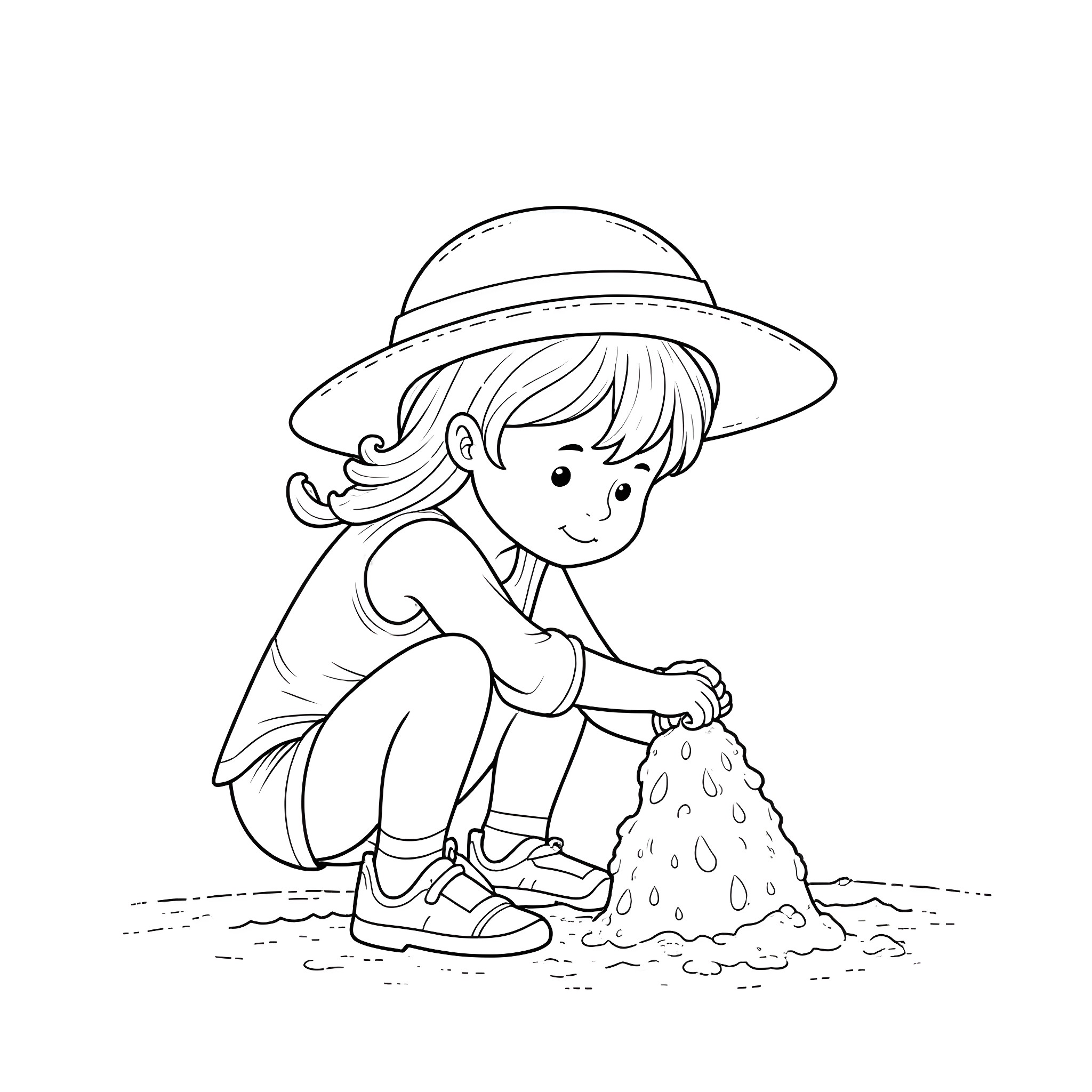 Girl playing with sand at the beach Coloring Page (free black-and-white line drawing printable PDF for all, from beginners to advanced learners, including children, teens, adults, and seniors)
