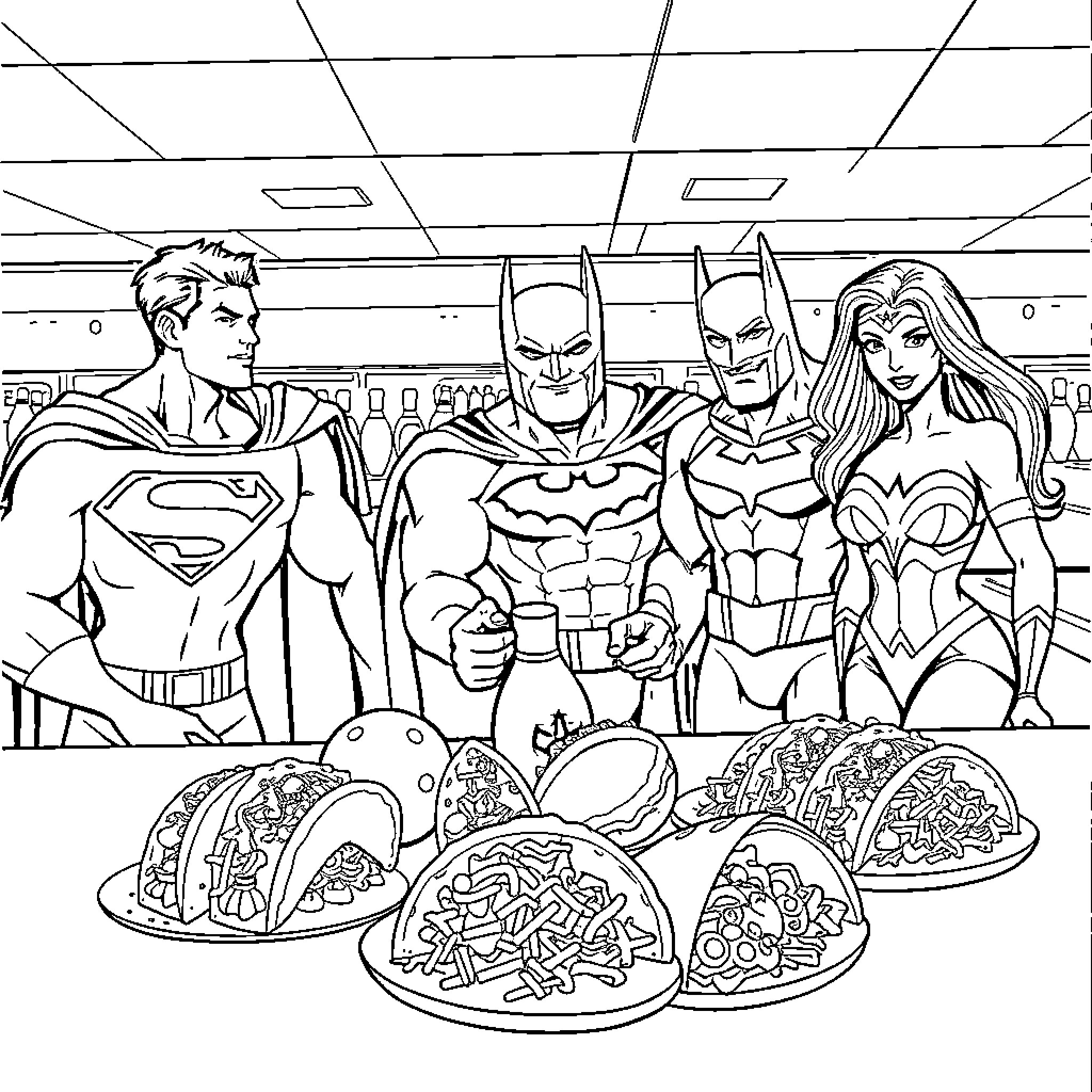Justice League heroes enjoying tacos together Coloring Page (free black-and-white line drawing printable PDF for all, from beginners to advanced learners, including children, teens, adults, and seniors)