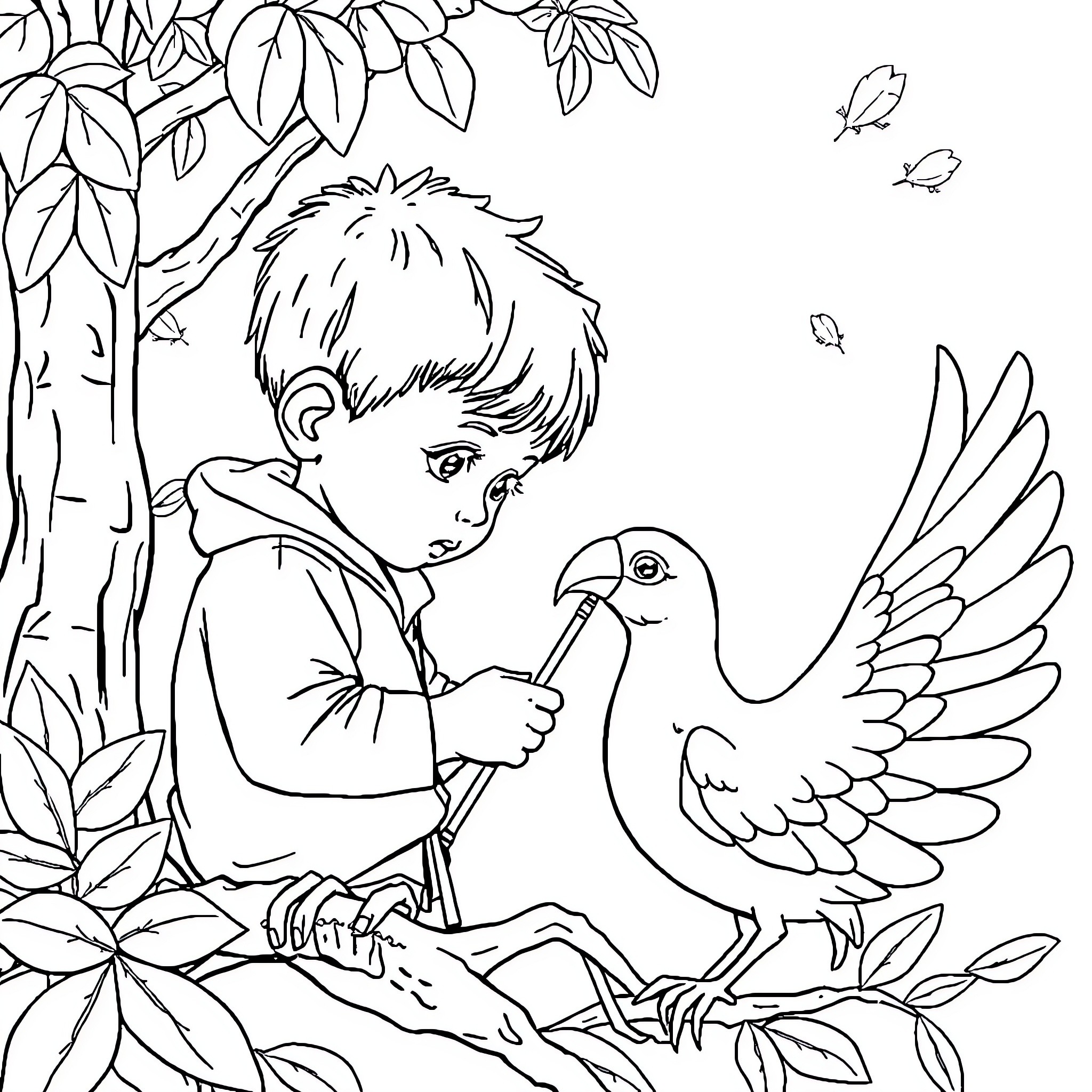 Child interacting with bird in forest setting Coloring Page (free black-and-white line drawing printable PDF for all, from beginners to advanced learners, including children, teens, adults, and seniors)