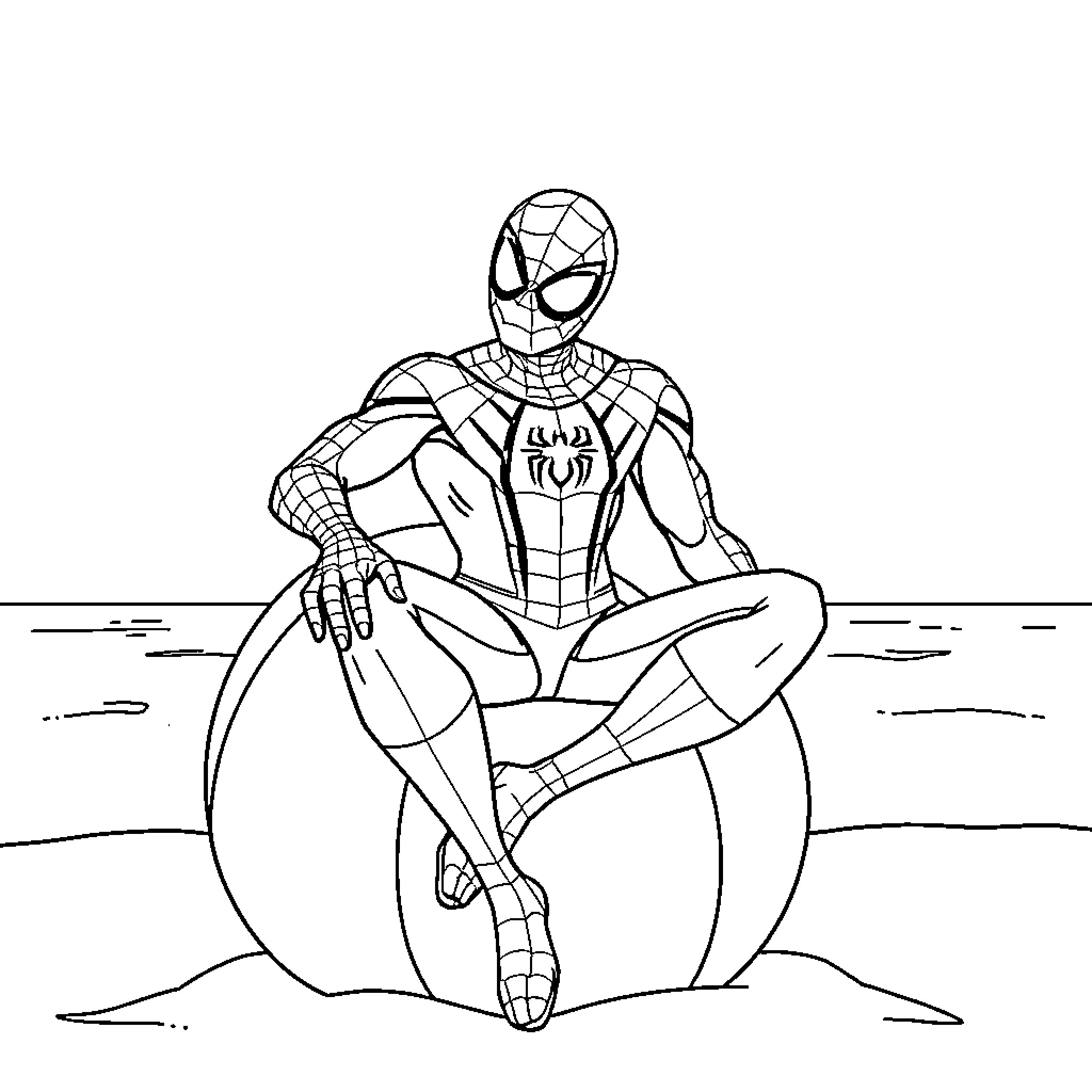 Spiderman heroically posing on the ground Coloring Page (free black-and-white line drawing printable PDF for all, from beginners to advanced learners, including children, teens, adults, and seniors)