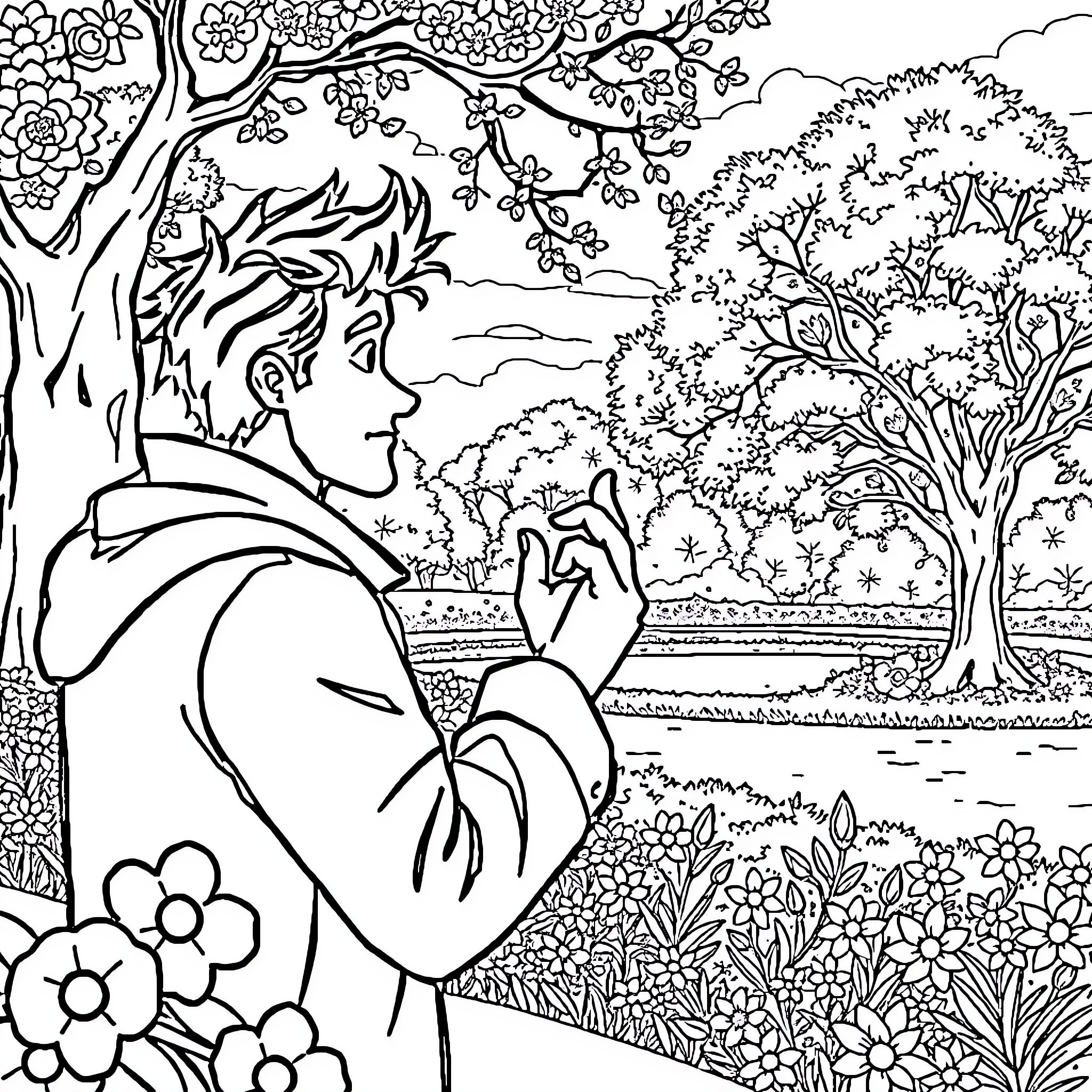 Hombre admiring the beauty of nature Coloring Page (free black-and-white line drawing printable PDF for all, from beginners to advanced learners, including children, teens, adults, and seniors)