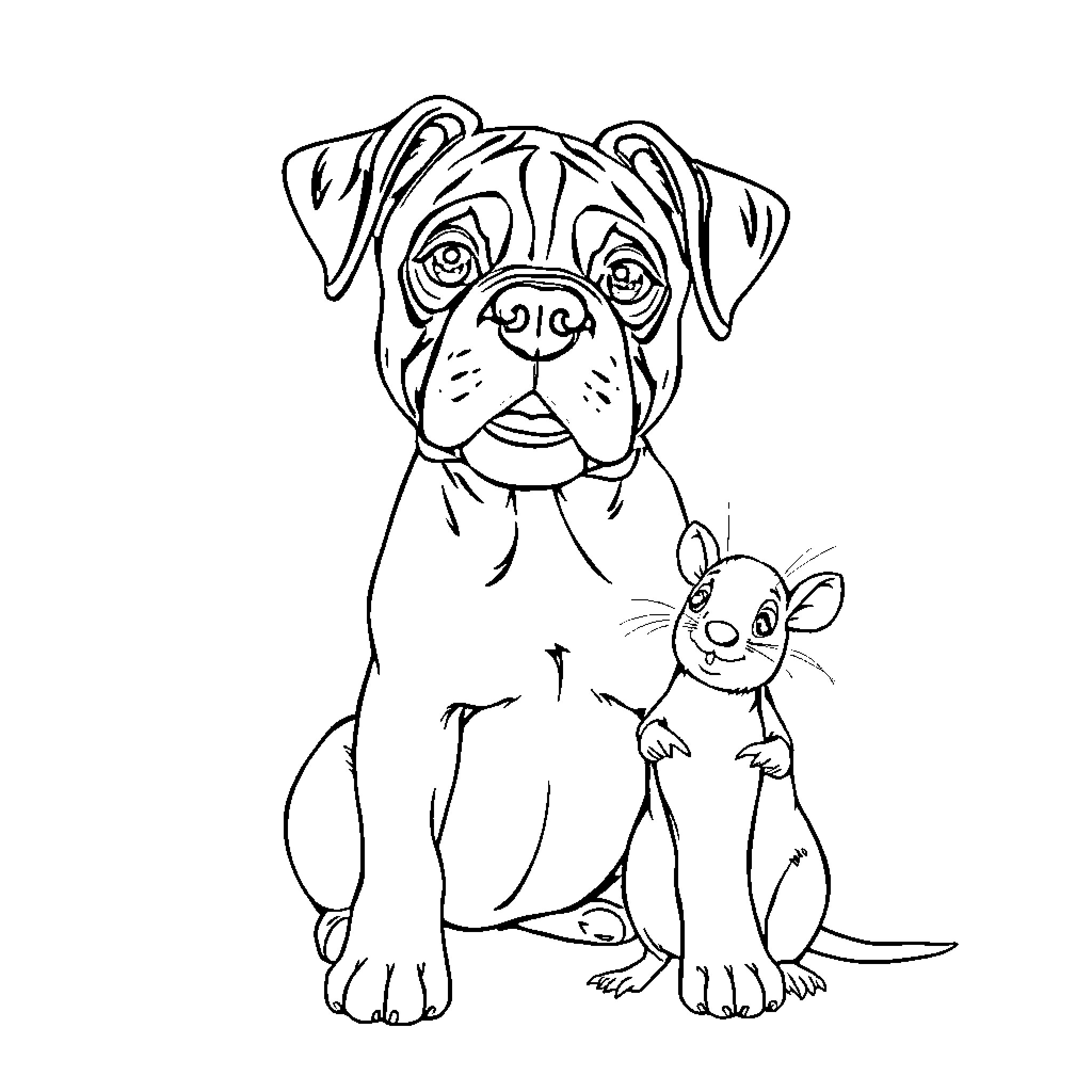 Boxer dog playing with mouse-like companion Coloring Page (free black-and-white line drawing printable PDF for all, from beginners to advanced learners, including children, teens, adults, and seniors)