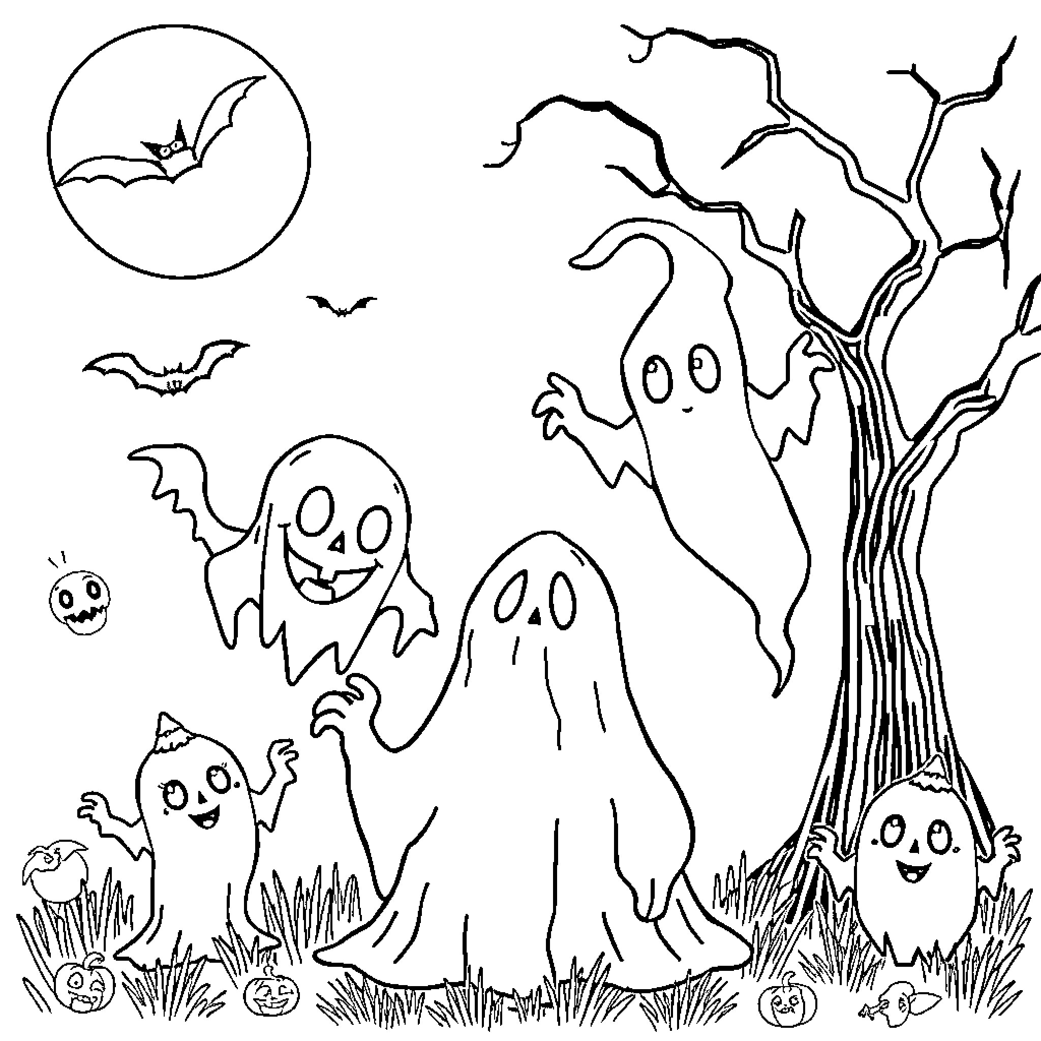 Halloween scene with ghosts, bats, and a haunted tree Coloring Page (free black-and-white line drawing printable PDF for all, from beginners to advanced learners, including children, teens, adults, and seniors)