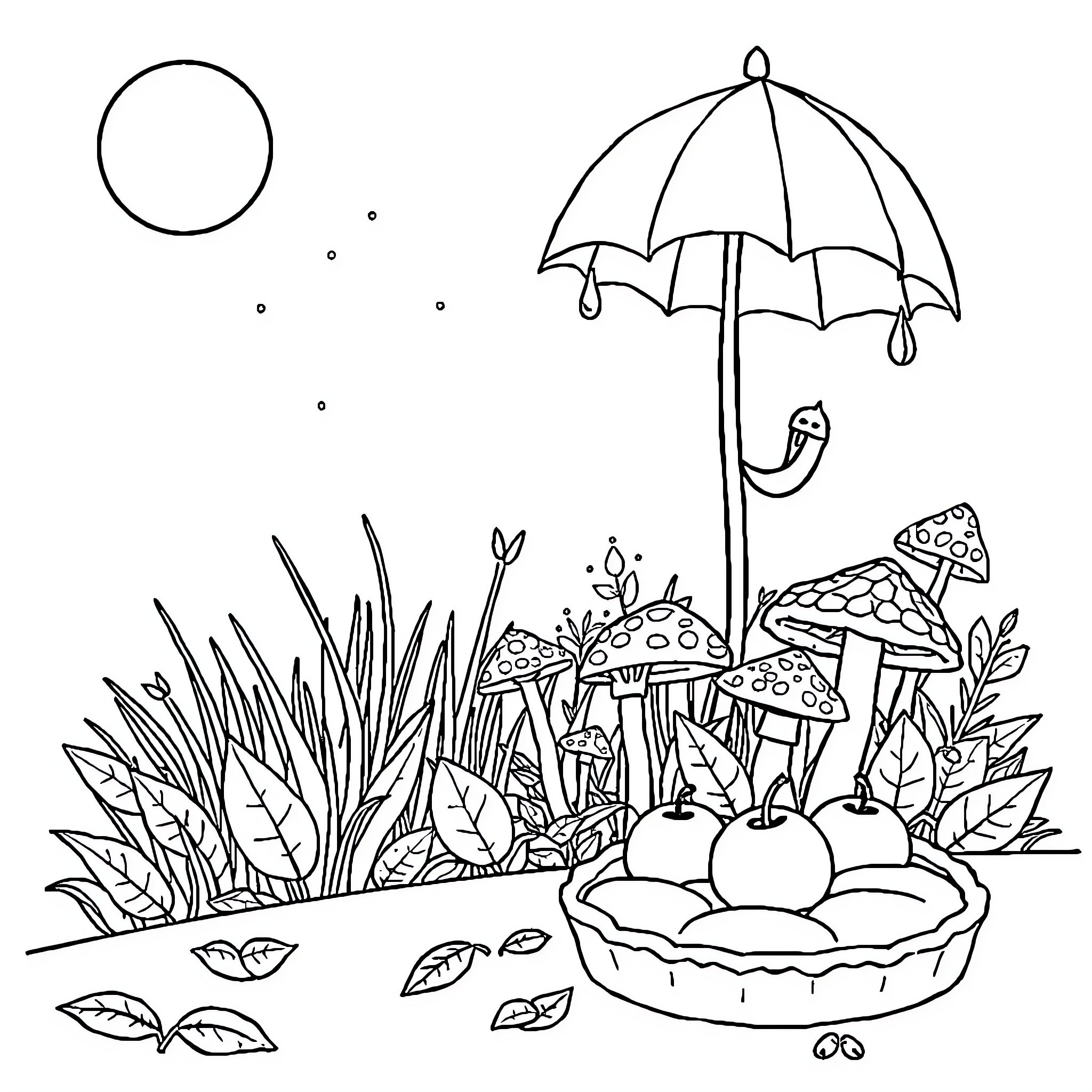 Pumpkin patch with whimsical mushrooms and umbrella Coloring Page (free black-and-white line drawing printable PDF for all, from beginners to advanced learners, including children, teens, adults, and seniors)