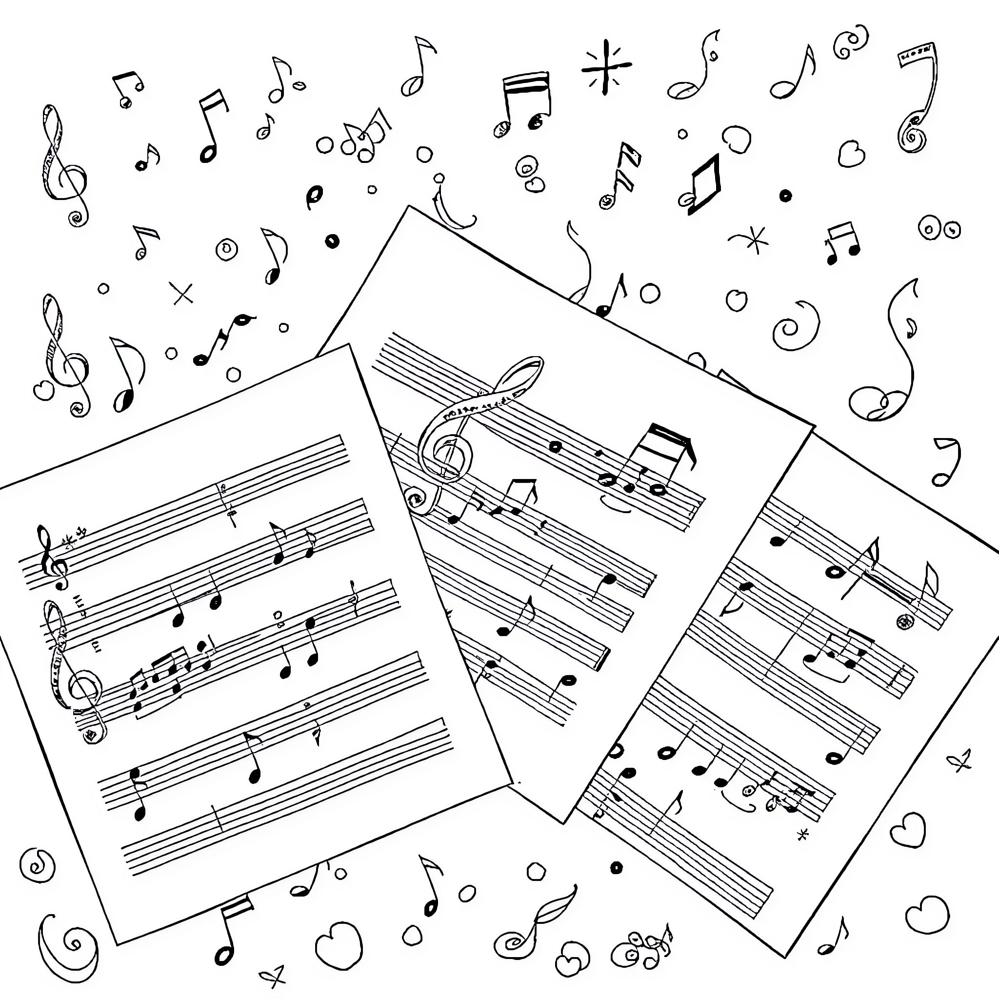 Music notes and sheets floating in the air Coloring Page (free black-and-white line drawing printable PDF for all, from beginners to advanced learners, including children, teens, adults, and seniors)