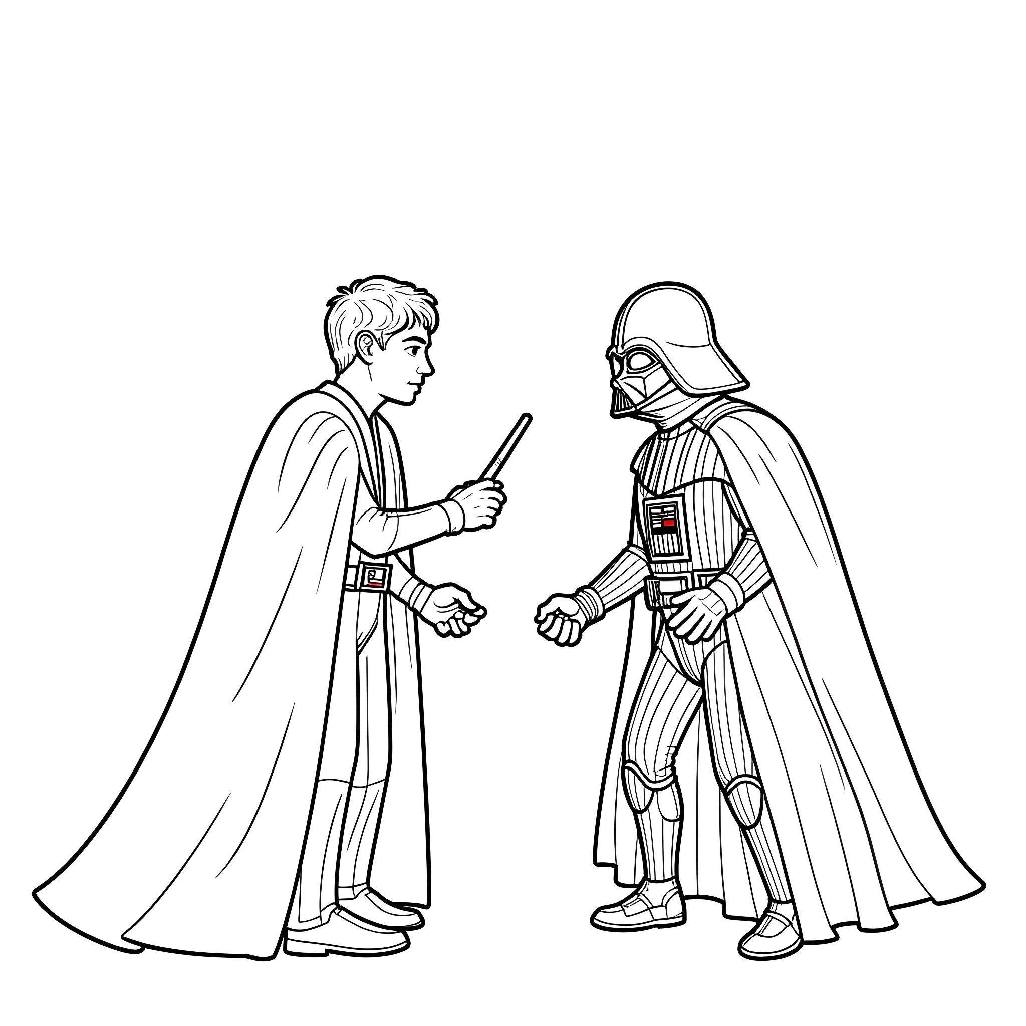 Voldemort's confrontation with a Jedi Knight Coloring Page (free black-and-white line drawing printable PDF for all, from beginners to advanced learners, including children, teens, adults, and seniors)