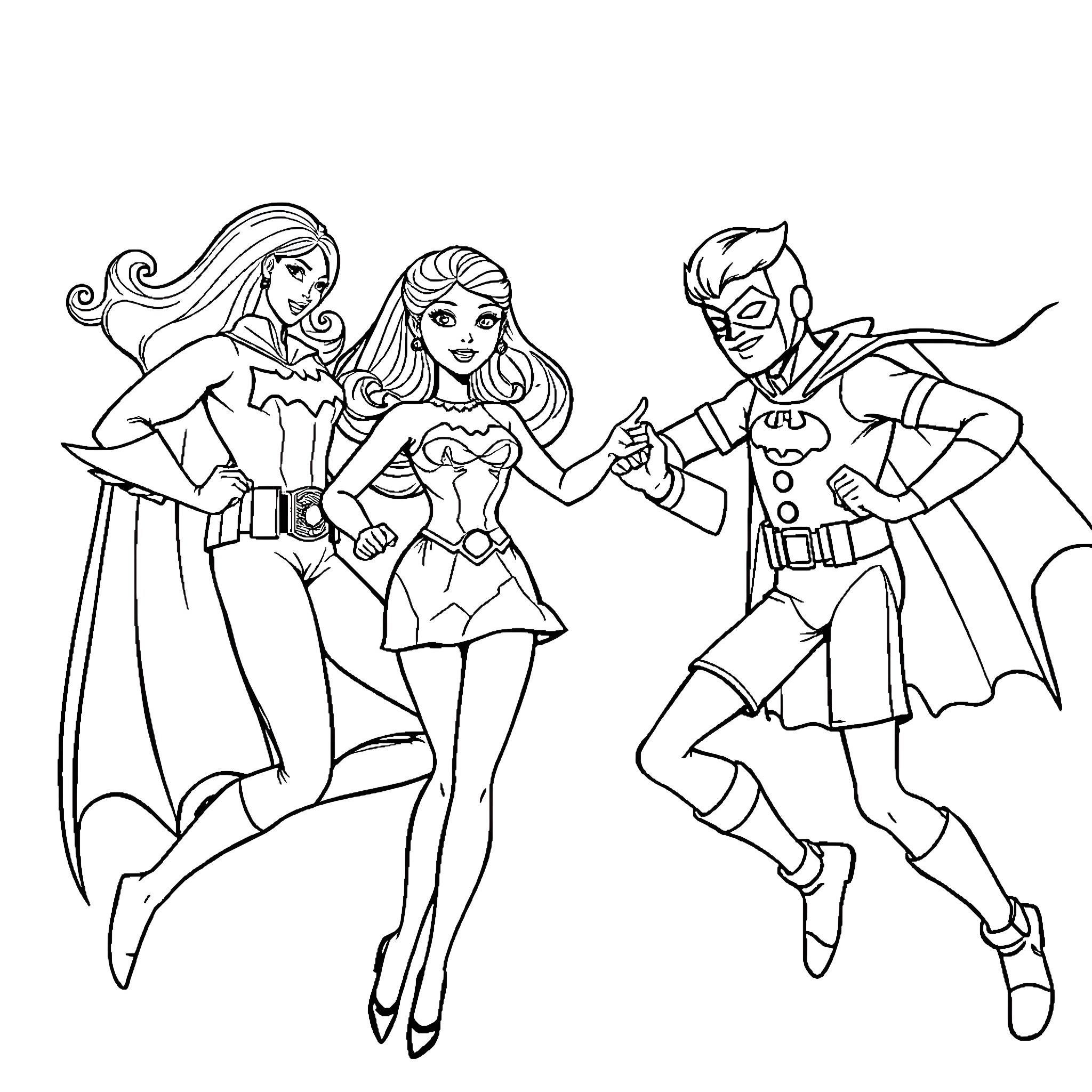 Barbie superheroes in action poses Coloring Page (free black-and-white line drawing printable PDF for all, from beginners to advanced learners, including children, teens, adults, and seniors)