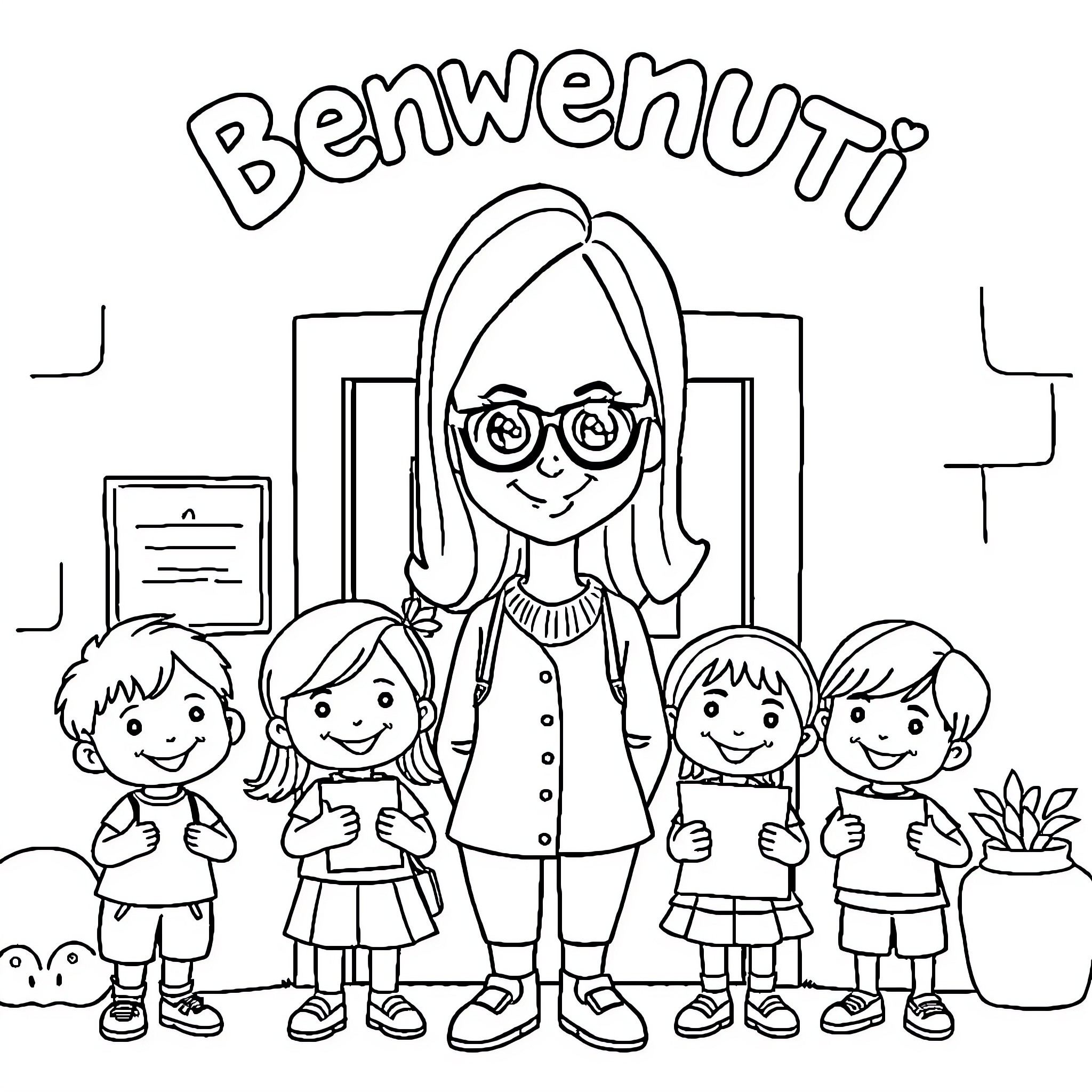 Teacher greeting students in the classroom Coloring Page (free black-and-white line drawing printable PDF for all, from beginners to advanced learners, including children, teens, adults, and seniors)