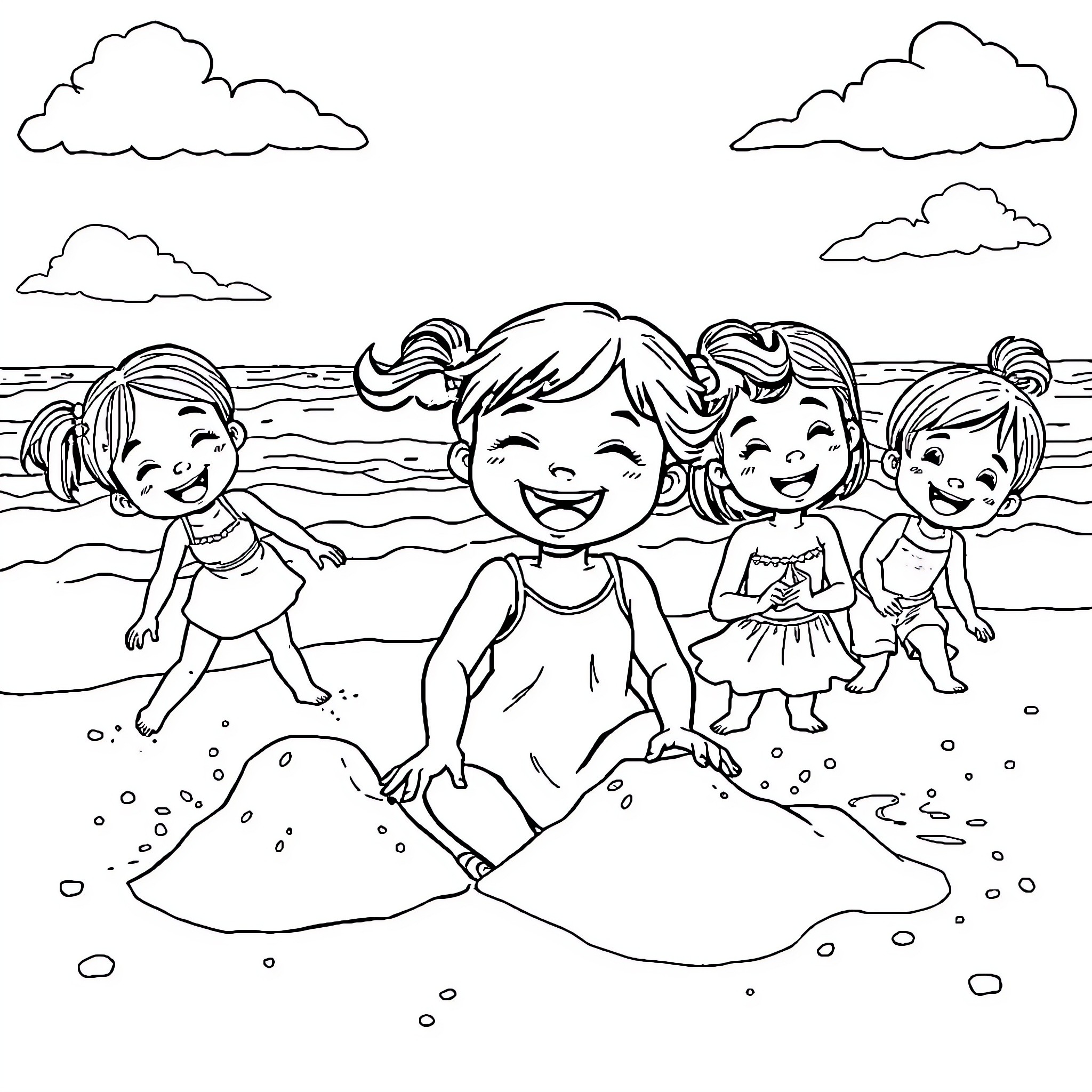 Girls playing happily at the beach Coloring Page (free black-and-white line drawing printable PDF for all, from beginners to advanced learners, including children, teens, adults, and seniors)
