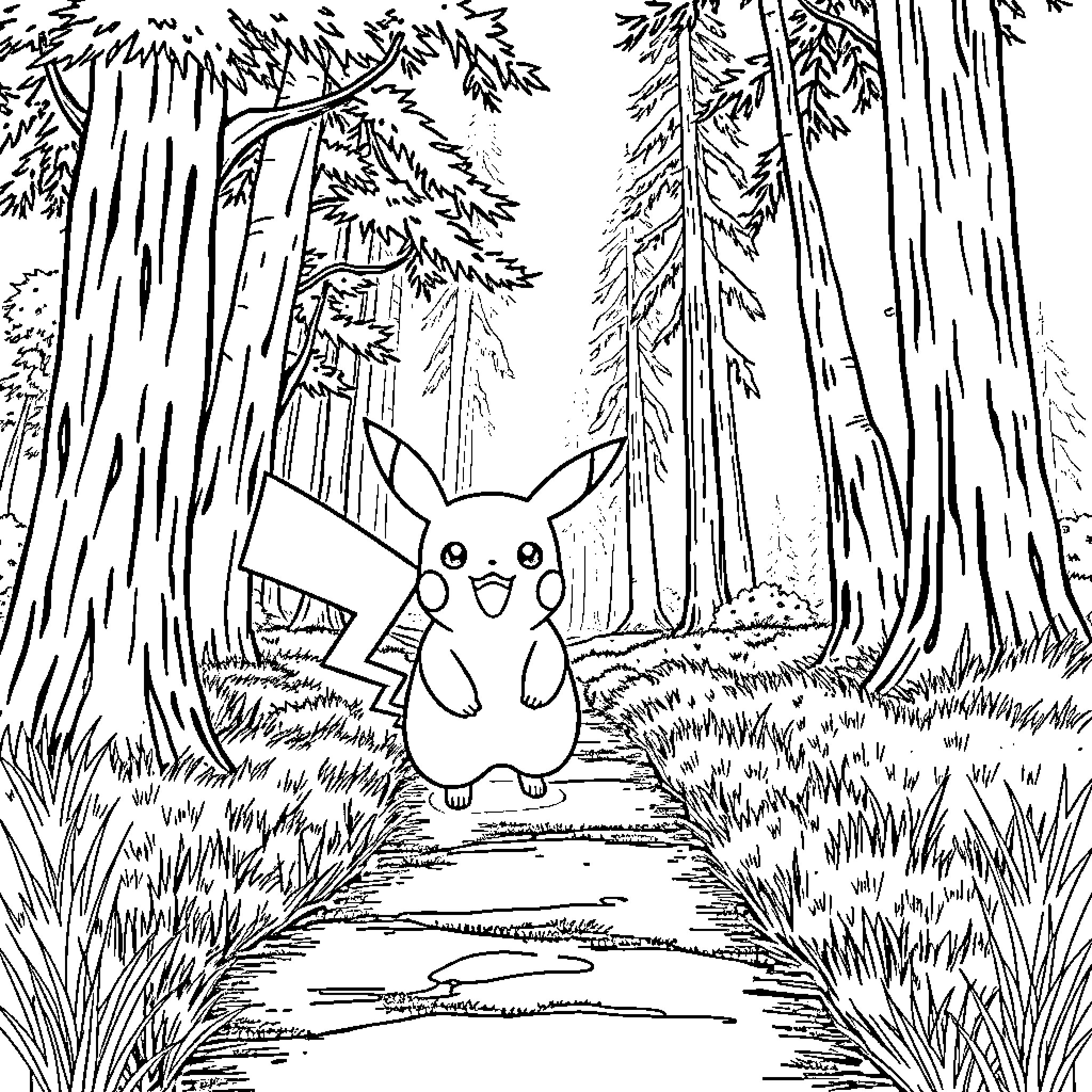 Pikachu exploring the enchanted forest Coloring Page (free black-and-white line drawing printable PDF for all, from beginners to advanced learners, including children, teens, adults, and seniors)