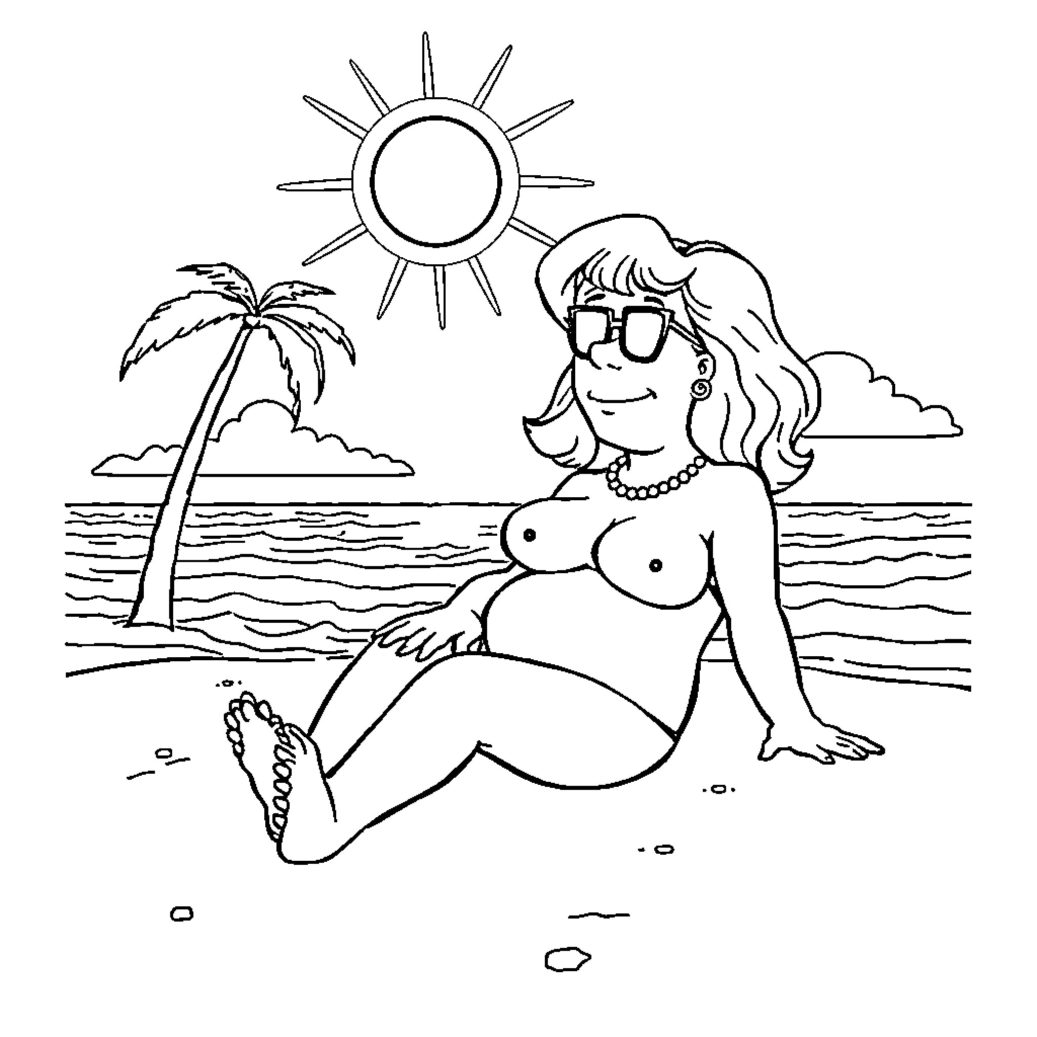 Lois Griffin relaxing on the beach Coloring Page (free black-and-white line drawing printable PDF for all, from beginners to advanced learners, including children, teens, adults, and seniors)
