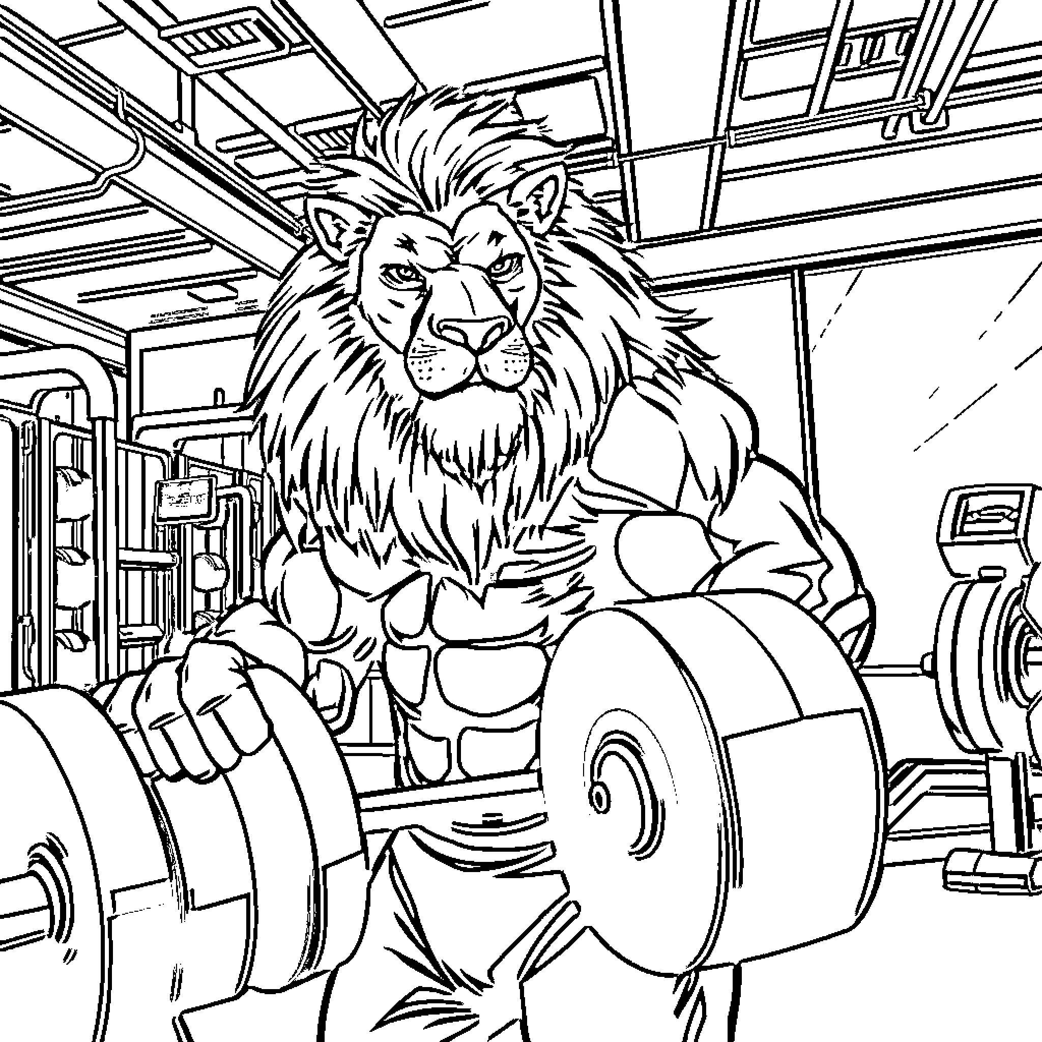 Lion working out in the gym Coloring Page (free black-and-white line drawing printable PDF for all, from beginners to advanced learners, including children, teens, adults, and seniors)