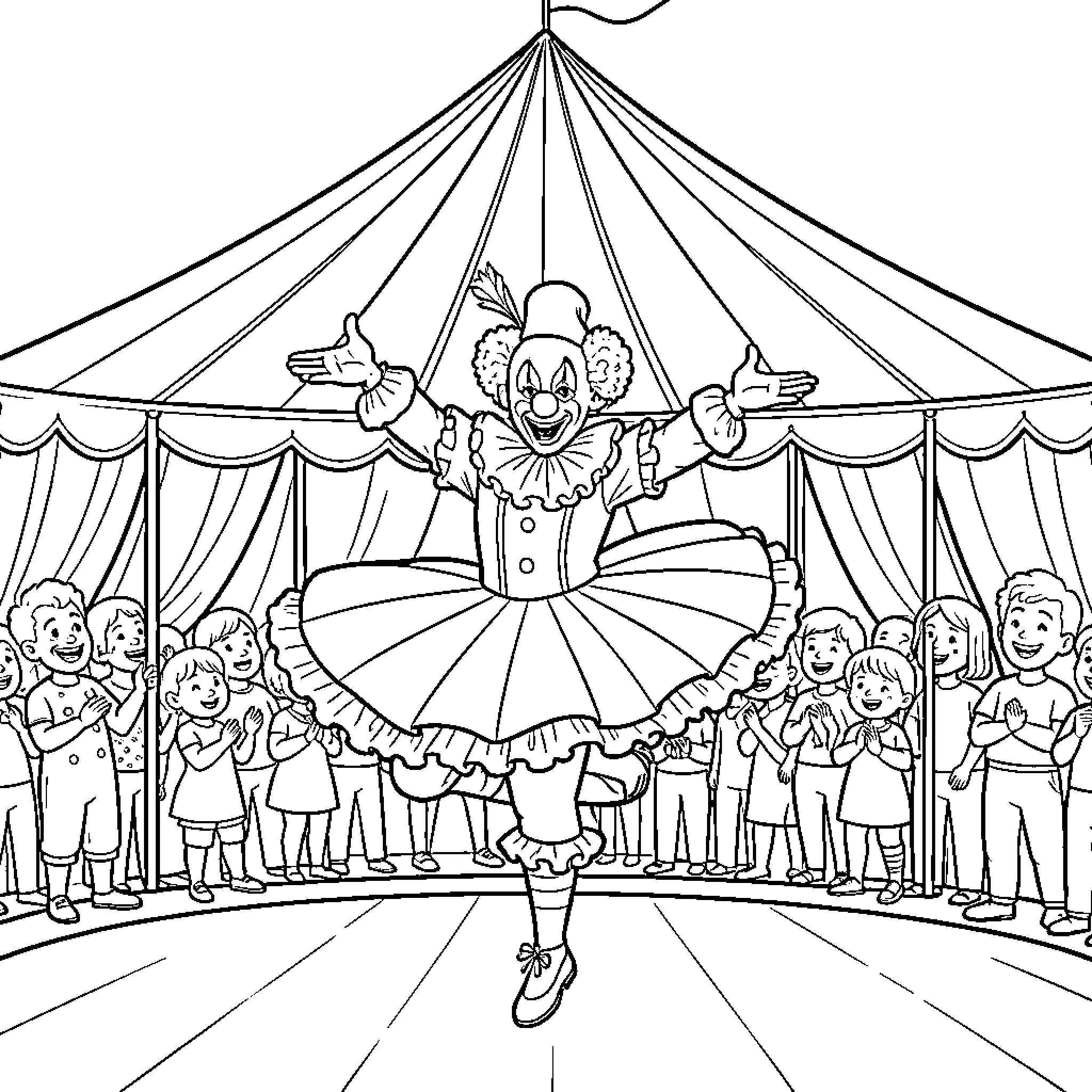 Yaro the Clown Performing in the Circus Ring Coloring Page (free black-and-white line drawing printable PDF for all, from beginners to advanced learners, including children, teens, adults, and seniors)