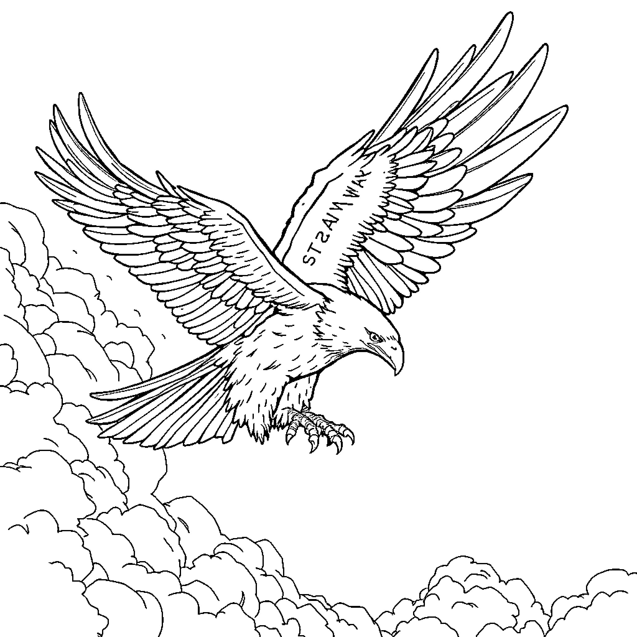 Eagle soaring powerfully through cloudy skies Coloring Page (free black-and-white line drawing printable PDF for all, from beginners to advanced learners, including children, teens, adults, and seniors)