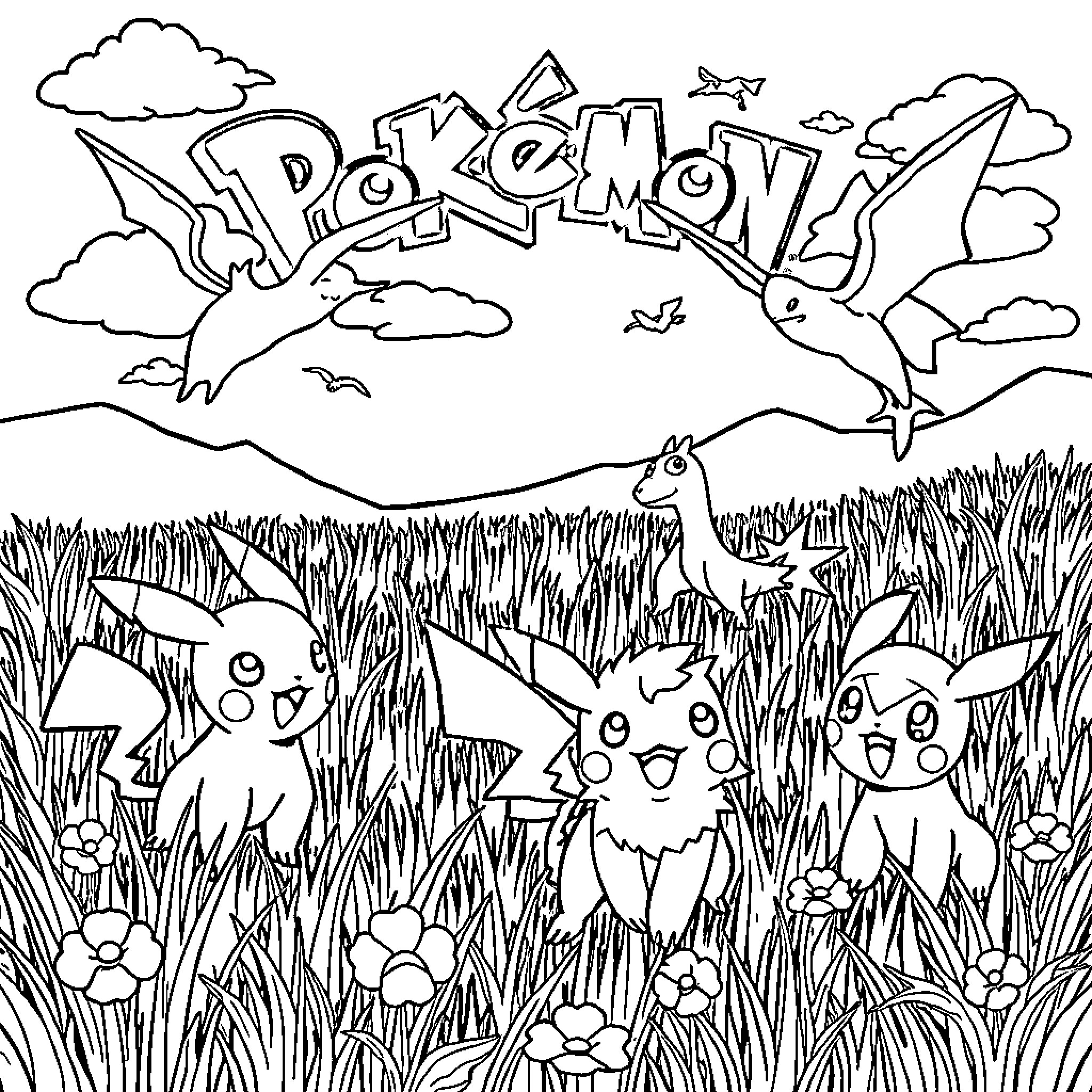 Pokémon enjoying the outdoors Coloring Page (free black-and-white line drawing printable PDF for all, from beginners to advanced learners, including children, teens, adults, and seniors)