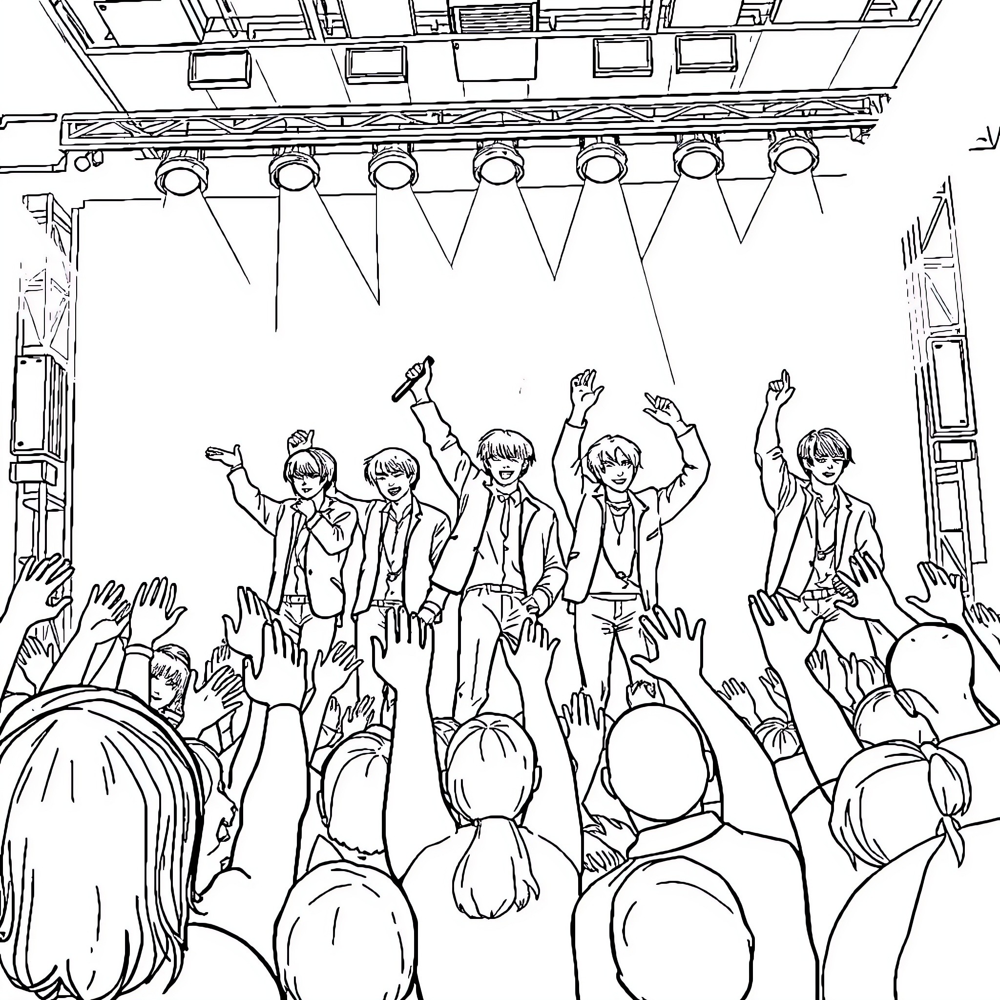 BTS performing on stage with energetic fans Coloring Page (free black-and-white line drawing printable PDF for all, from beginners to advanced learners, including children, teens, adults, and seniors)