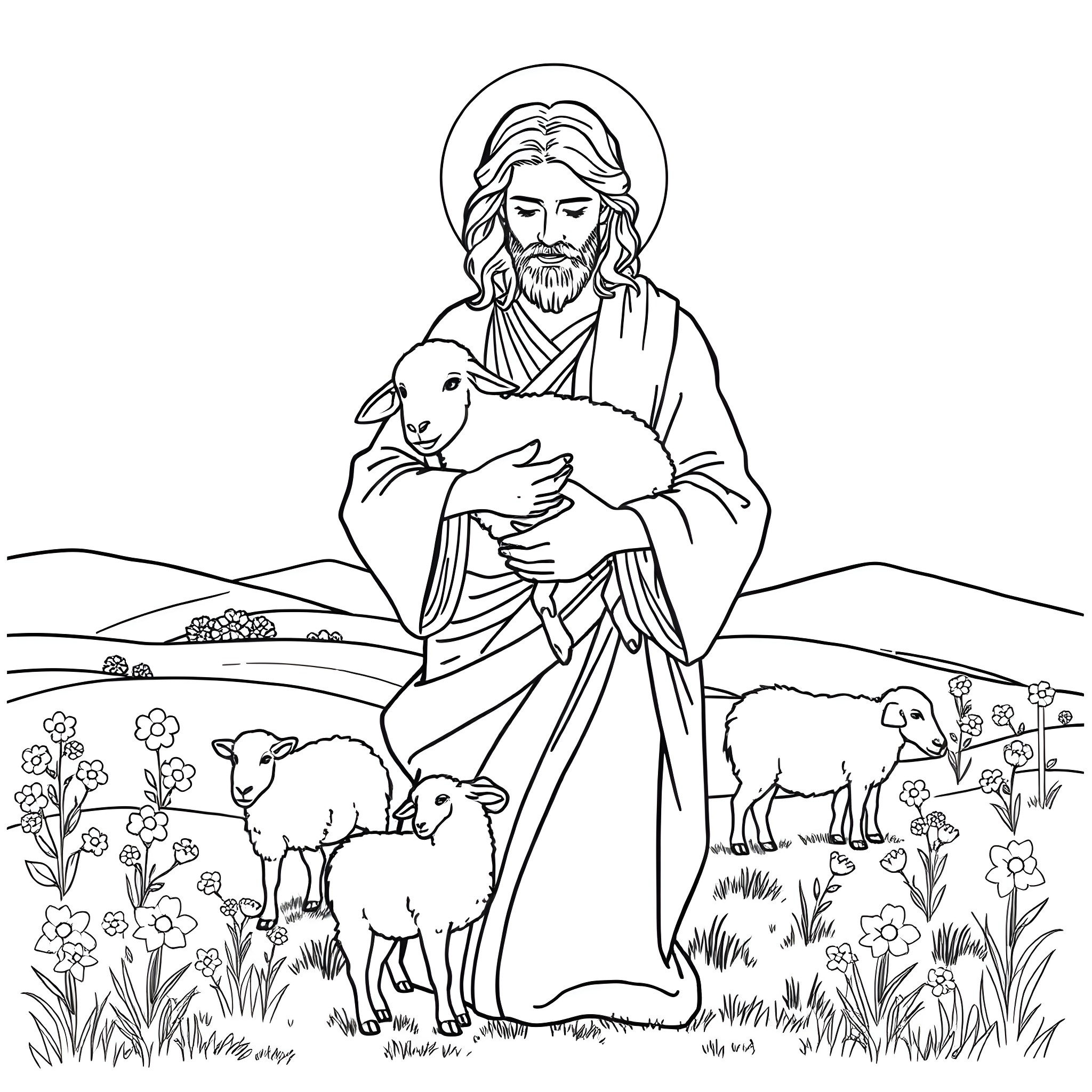 Jesus shepherding a flock of sheep in a pastoral scene Coloring Page (free black-and-white line drawing printable PDF for all, from beginners to advanced learners, including children, teens, adults, and seniors)