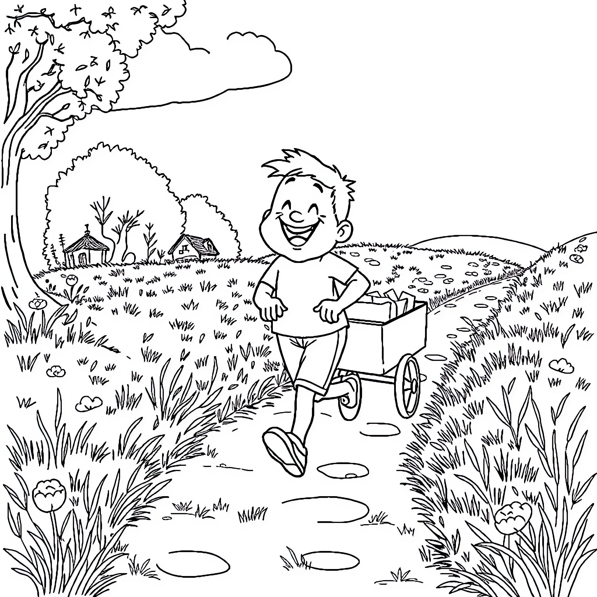 Tchoupi explores the countryside with joy Coloring Page (free black-and-white line drawing printable PDF for all, from beginners to advanced learners, including children, teens, adults, and seniors)