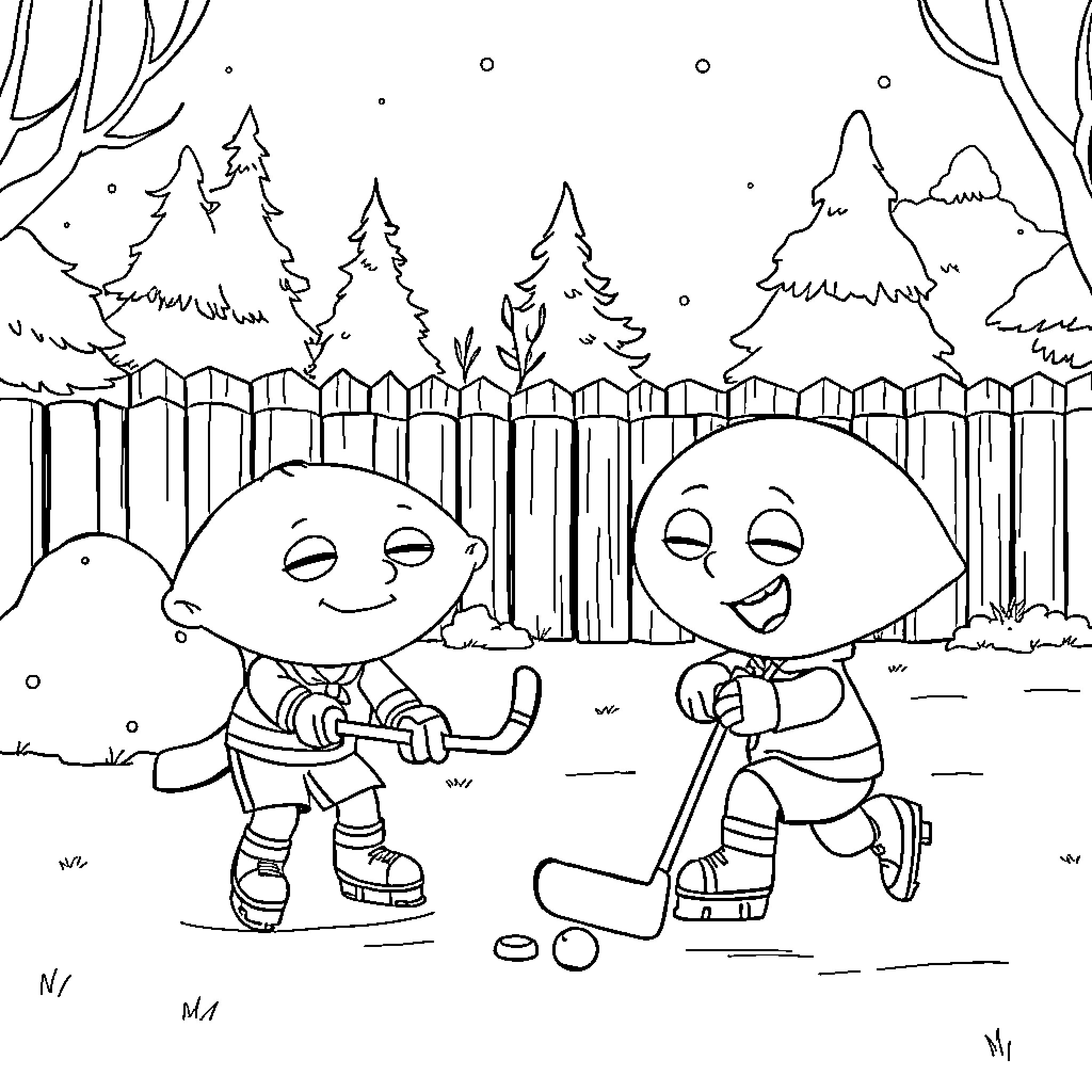 Stewie playing in the snowy forest with friends Coloring Page (free black-and-white line drawing printable PDF for all, from beginners to advanced learners, including children, teens, adults, and seniors)