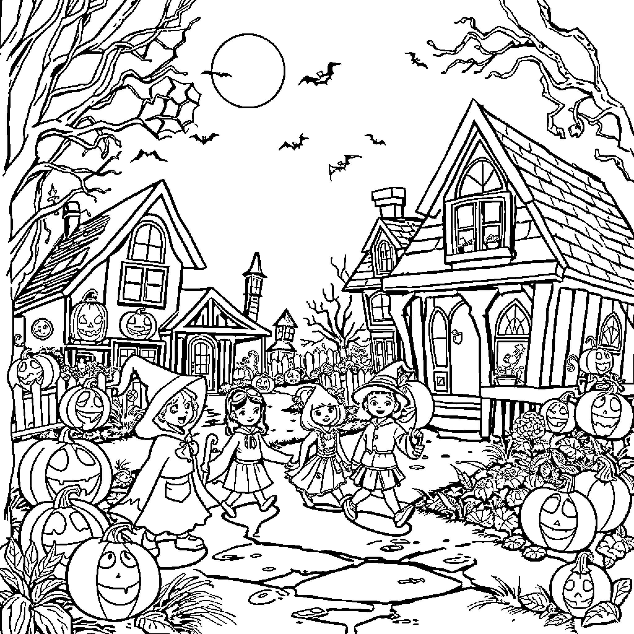 Halloween fun in the spooky village Coloring Page (free black-and-white line drawing printable PDF for all, from beginners to advanced learners, including children, teens, adults, and seniors)