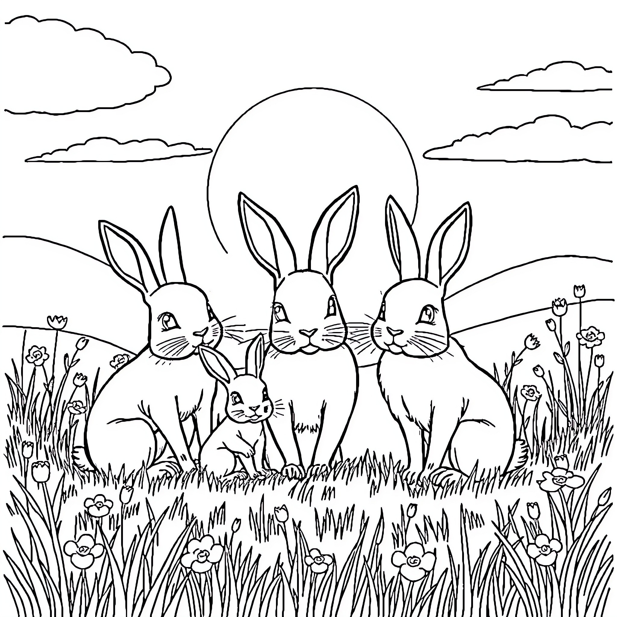 Rabbit family enjoying the sunset in the meadow Coloring Page (free black-and-white line drawing printable PDF for all, from beginners to advanced learners, including children, teens, adults, and seniors)