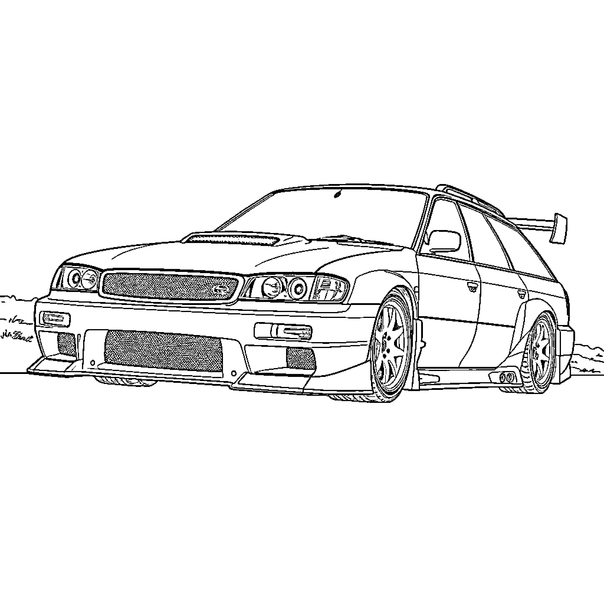 Subaru sports car racing on the track Coloring Page (free black-and-white line drawing printable PDF for all, from beginners to advanced learners, including children, teens, adults, and seniors)