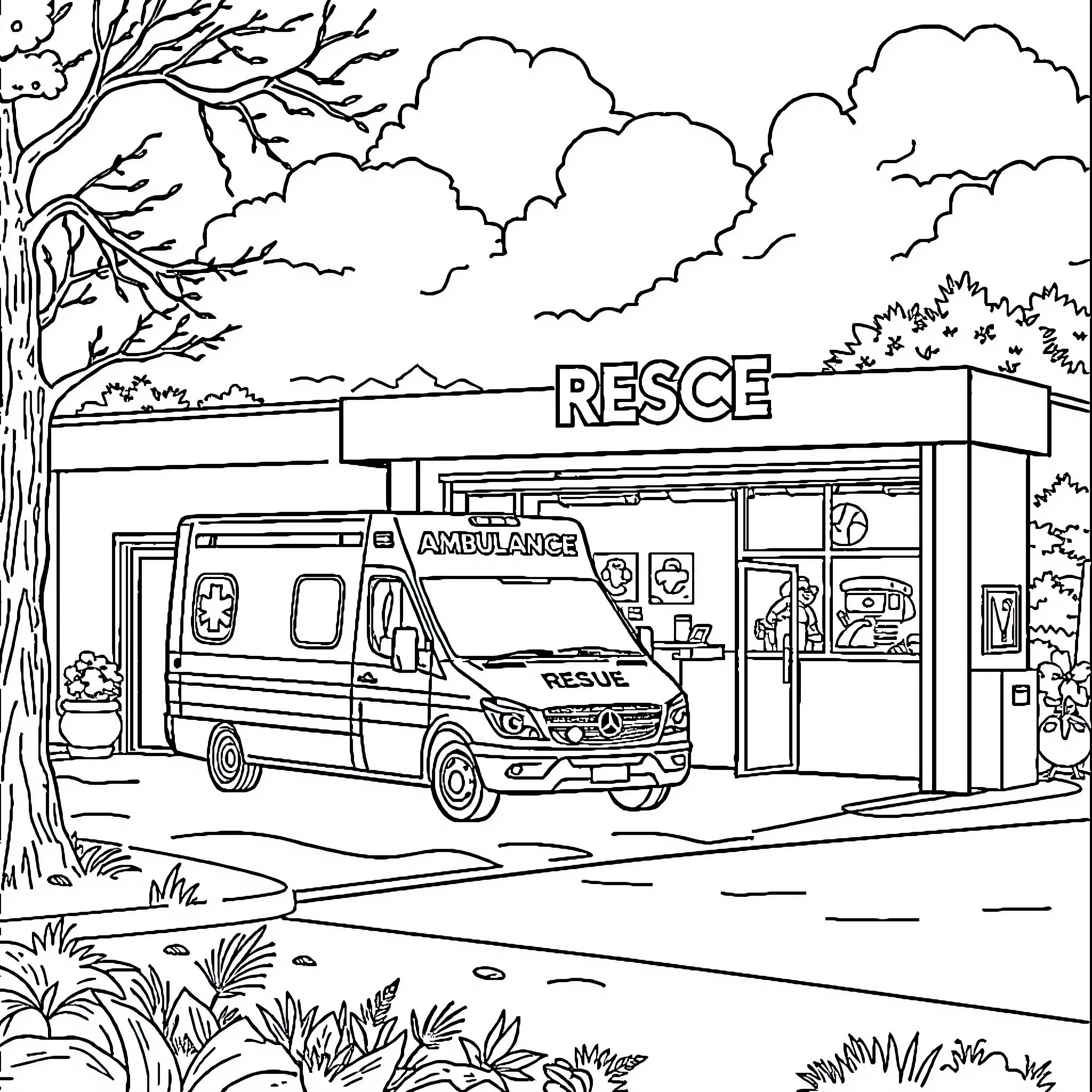 Ambulance parked outside rescue station Coloring Page (free black-and-white line drawing printable PDF for all, from beginners to advanced learners, including children, teens, adults, and seniors)