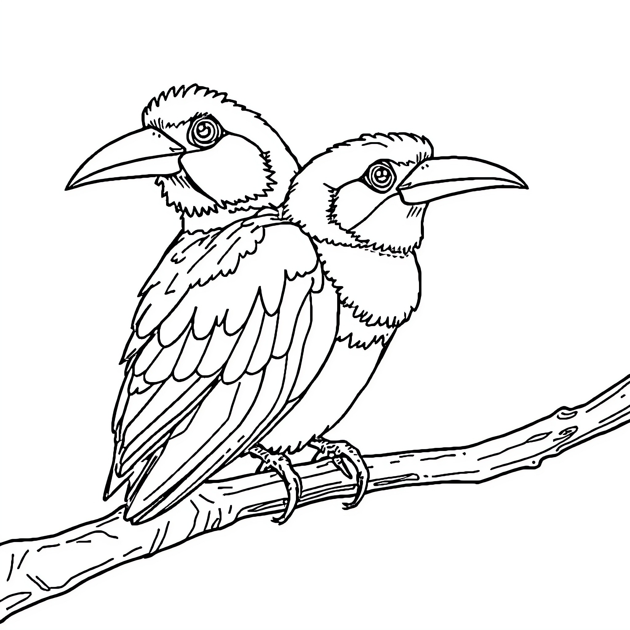 Stick Figures of Two Hornbill Birds on Branch Coloring Page (free black-and-white line drawing printable PDF for all, from beginners to advanced learners, including children, teens, adults, and seniors)