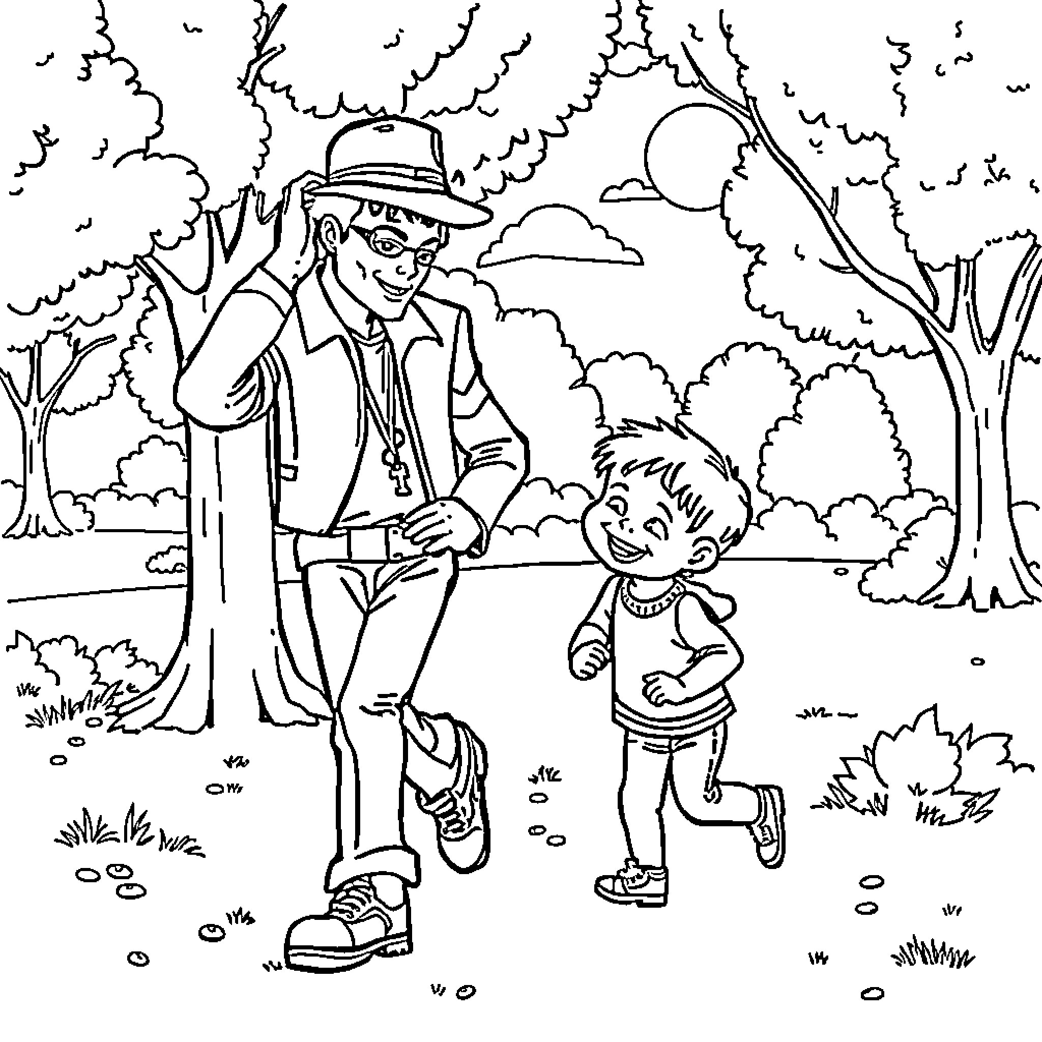 Michael Jackson walking with a child in the park Coloring Page (free black-and-white line drawing printable PDF for all, from beginners to advanced learners, including children, teens, adults, and seniors)