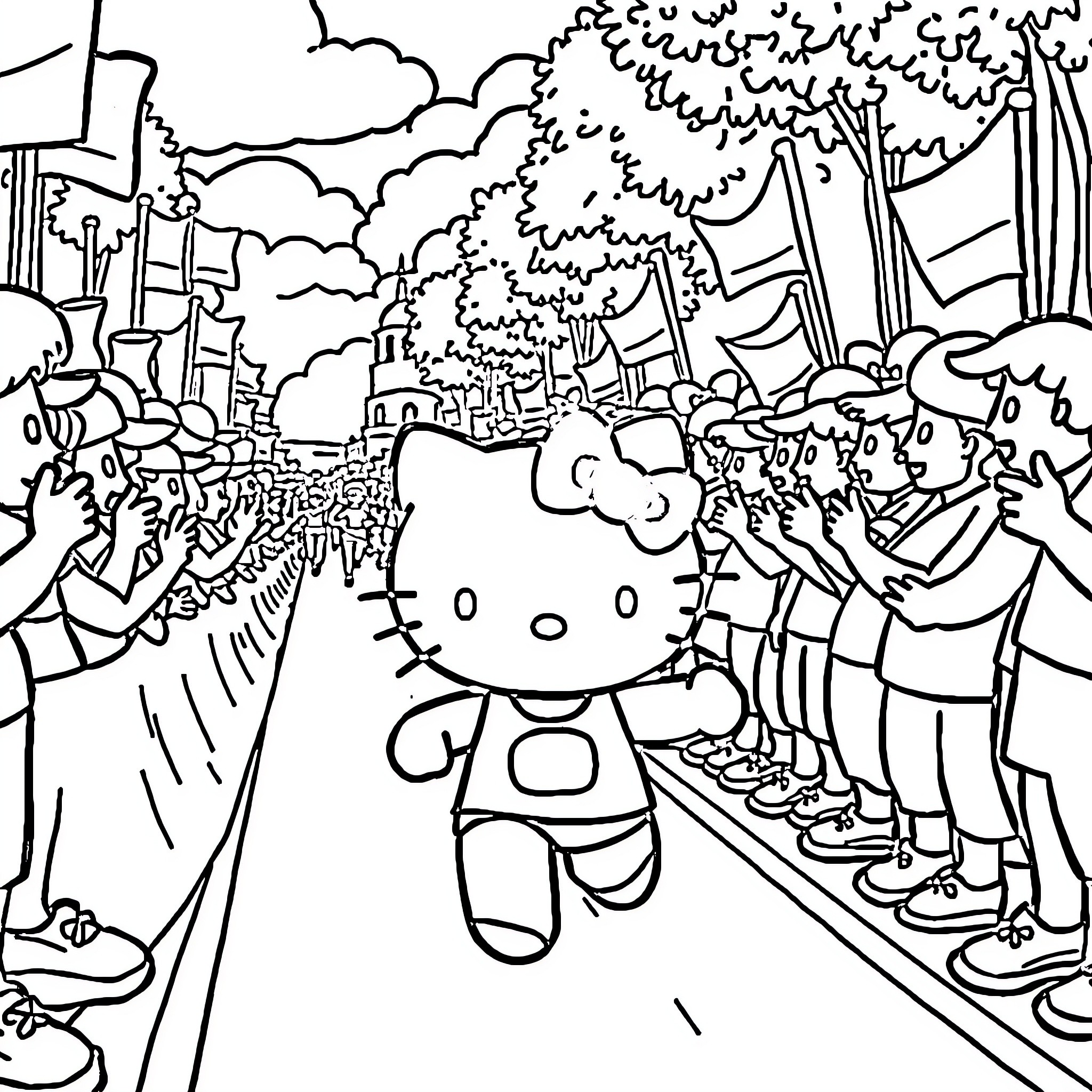 Hello Kitty Celebrates in a Colorful Parade Coloring Page (free black-and-white line drawing printable PDF for all, from beginners to advanced learners, including children, teens, adults, and seniors)