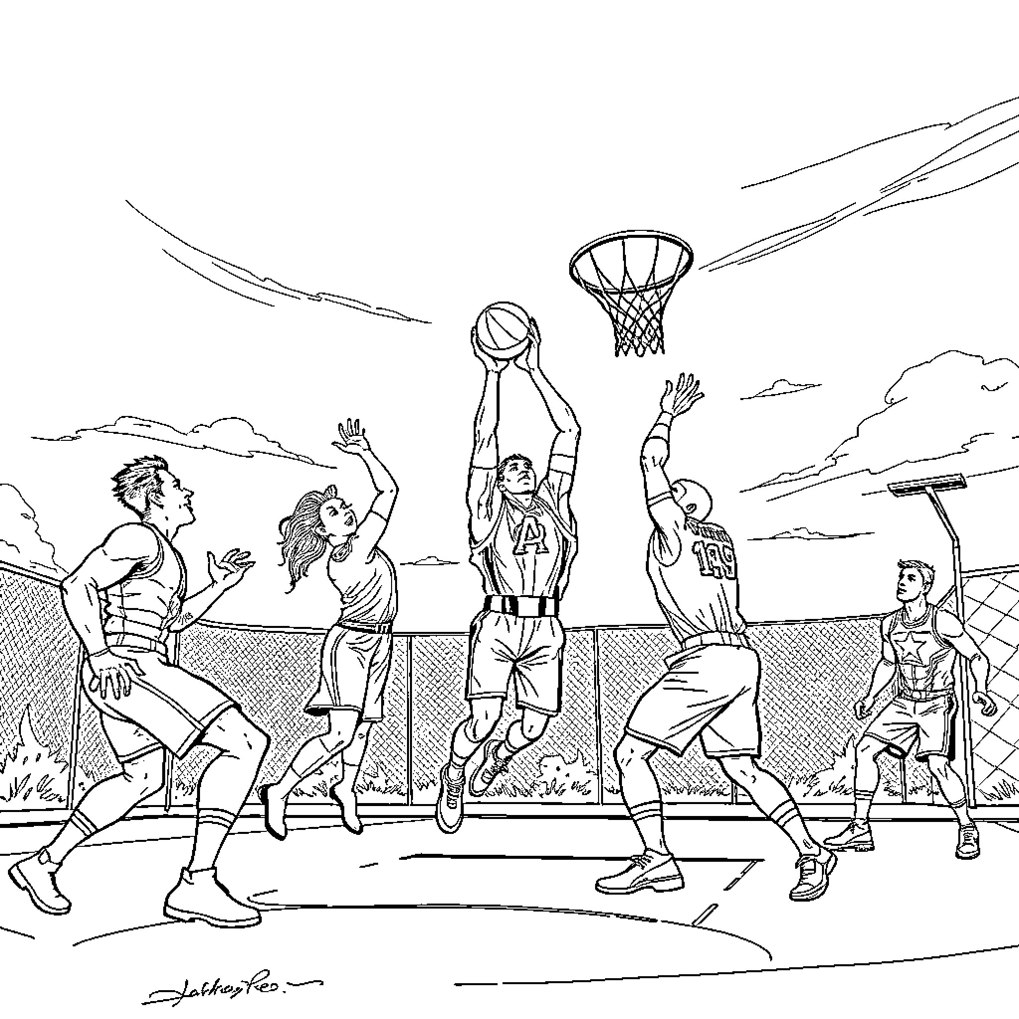 Avenger Basketball Game with Dramatic Action Coloring Page (free black-and-white line drawing printable PDF for all, from beginners to advanced learners, including children, teens, adults, and seniors)